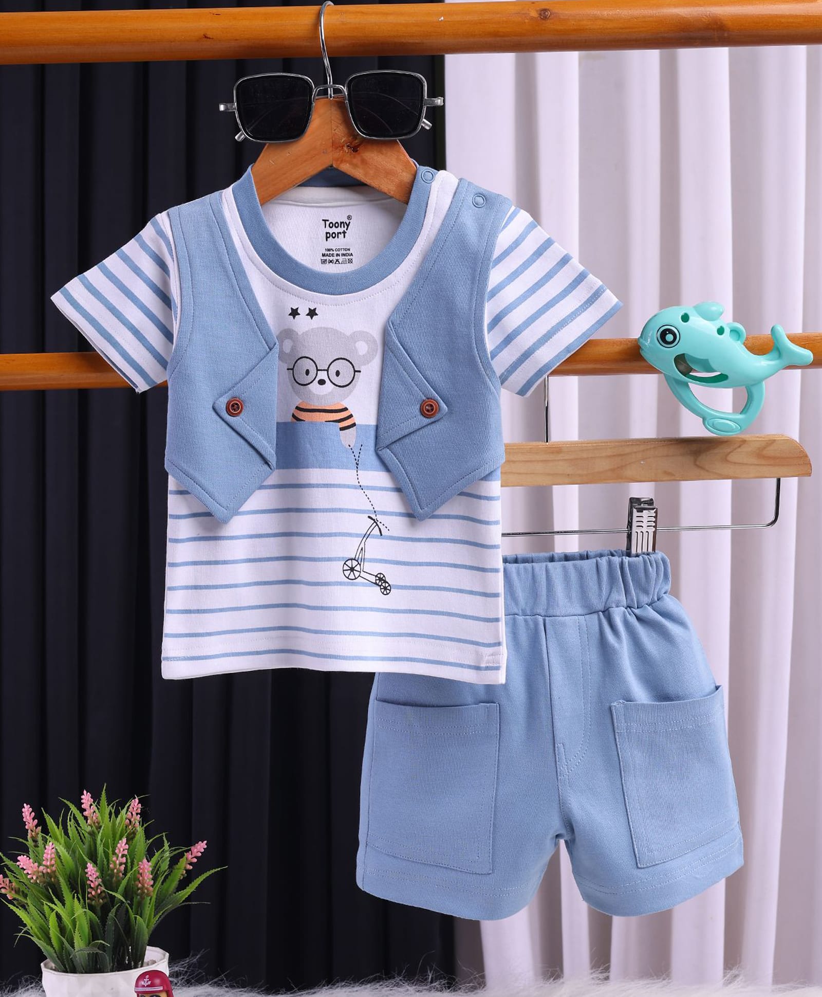 TOONYPORT Cotton Knit Half Sleeves Striped & Teddy Printed Tee & Shorts Set - Blue-image-32