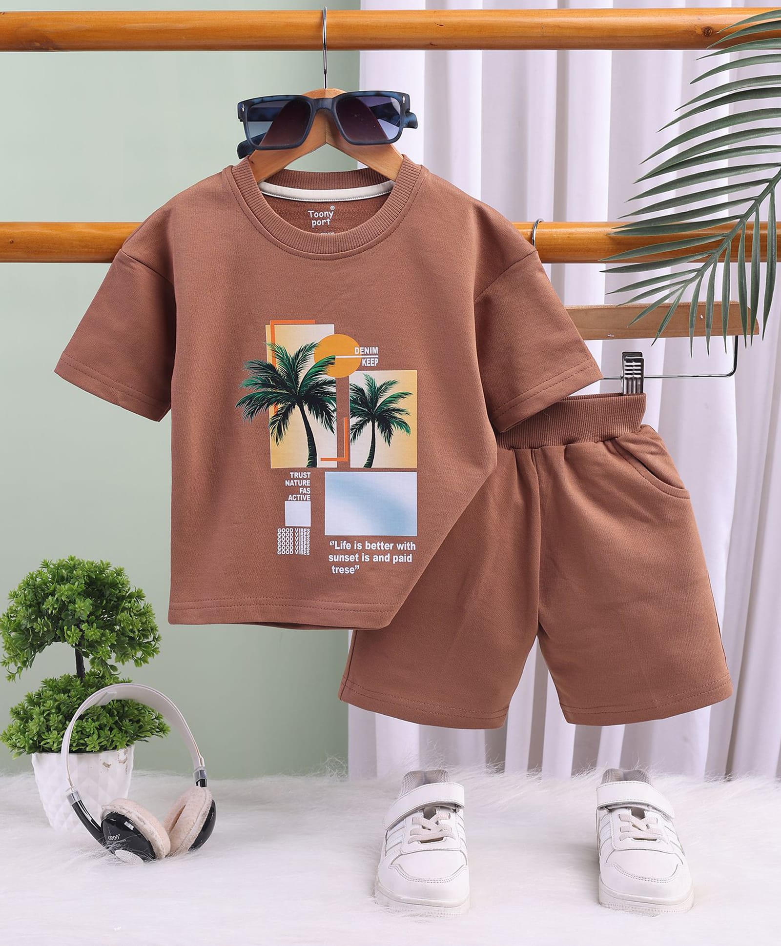 TOONYPORT Cotton Knit Half Sleeves Trees & Typography Printed Oversized Tee & Shorts Set - Brown-image-23