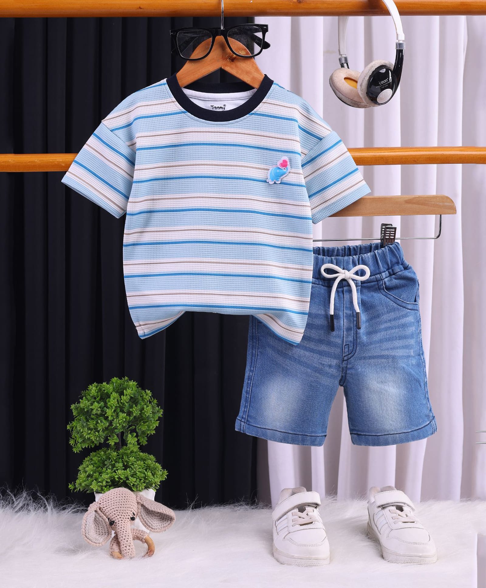 TOONYPORT Cotton Knit Half Sleeves Striped & Elephant Applique Detailed Oversized Tee & Shorts Set - Blue-image-44