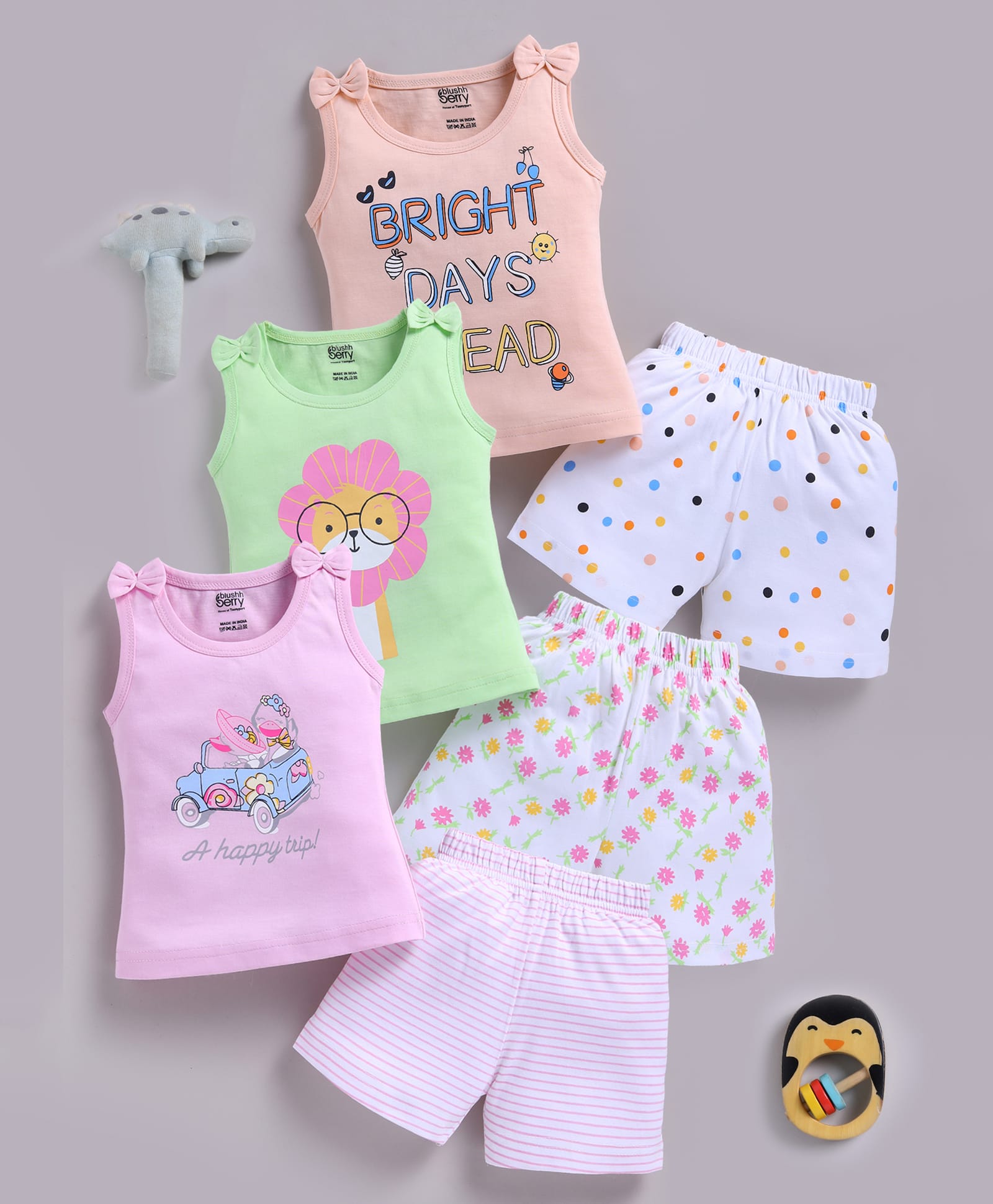 blushh berry Cotton Knit Pack Of 3 Sleeveless Floral & Bright Days Ahead Text Printed Tops & Shorts Set - Peach Green & Pink-image-22