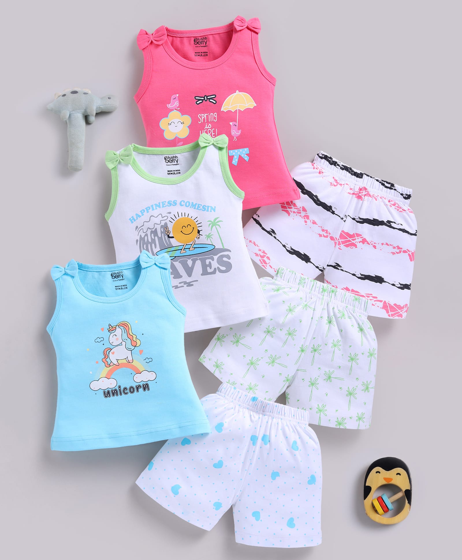blushh berry Cotton Knit Pack Of 3 Sleeveless Waves & Unicorn Text Printed Tops & Shorts Set - Blue White & Pink-image-14