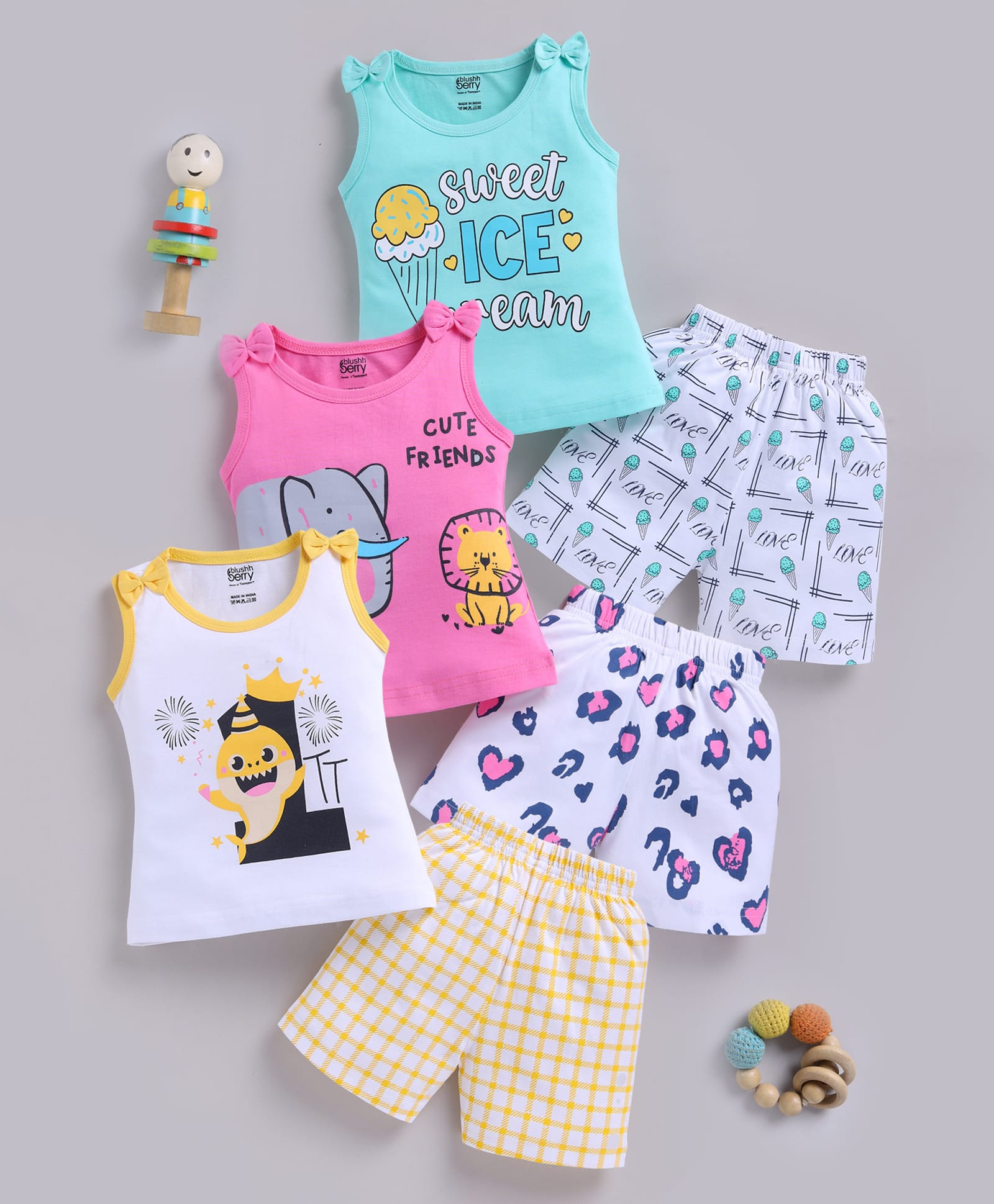 blushh berry Cotton Knit Pack Of 3 Sleeveless Shark & Sweet Ice Cream Text Printed Tops & Shorts Set - Blue Pink & White-image-31