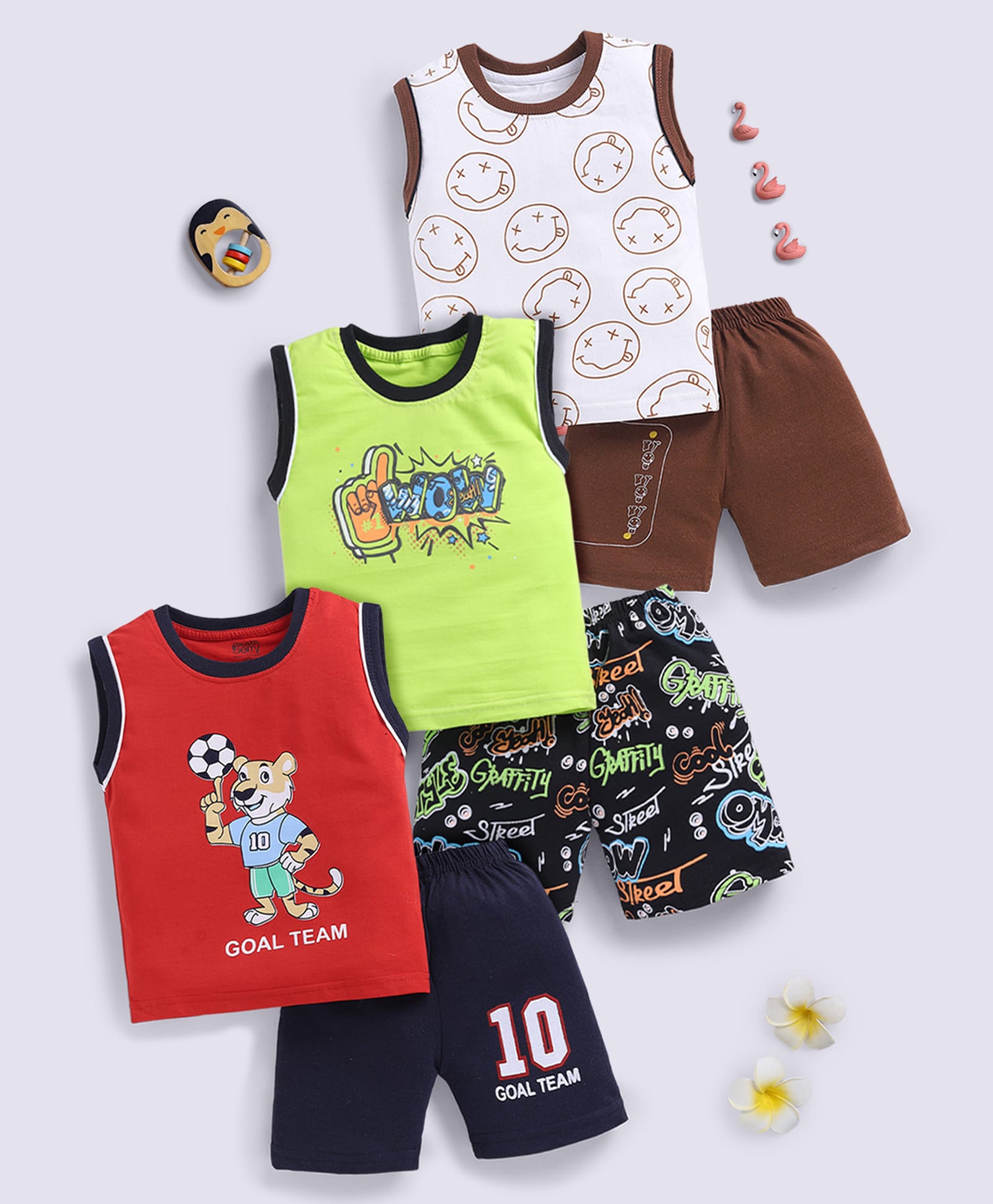 blushh berry Cotton Knit Pack Of 3 Sleeveless Tiger & Wow Text Printed Tees & Shorts Set - White Green & Red-picture-10