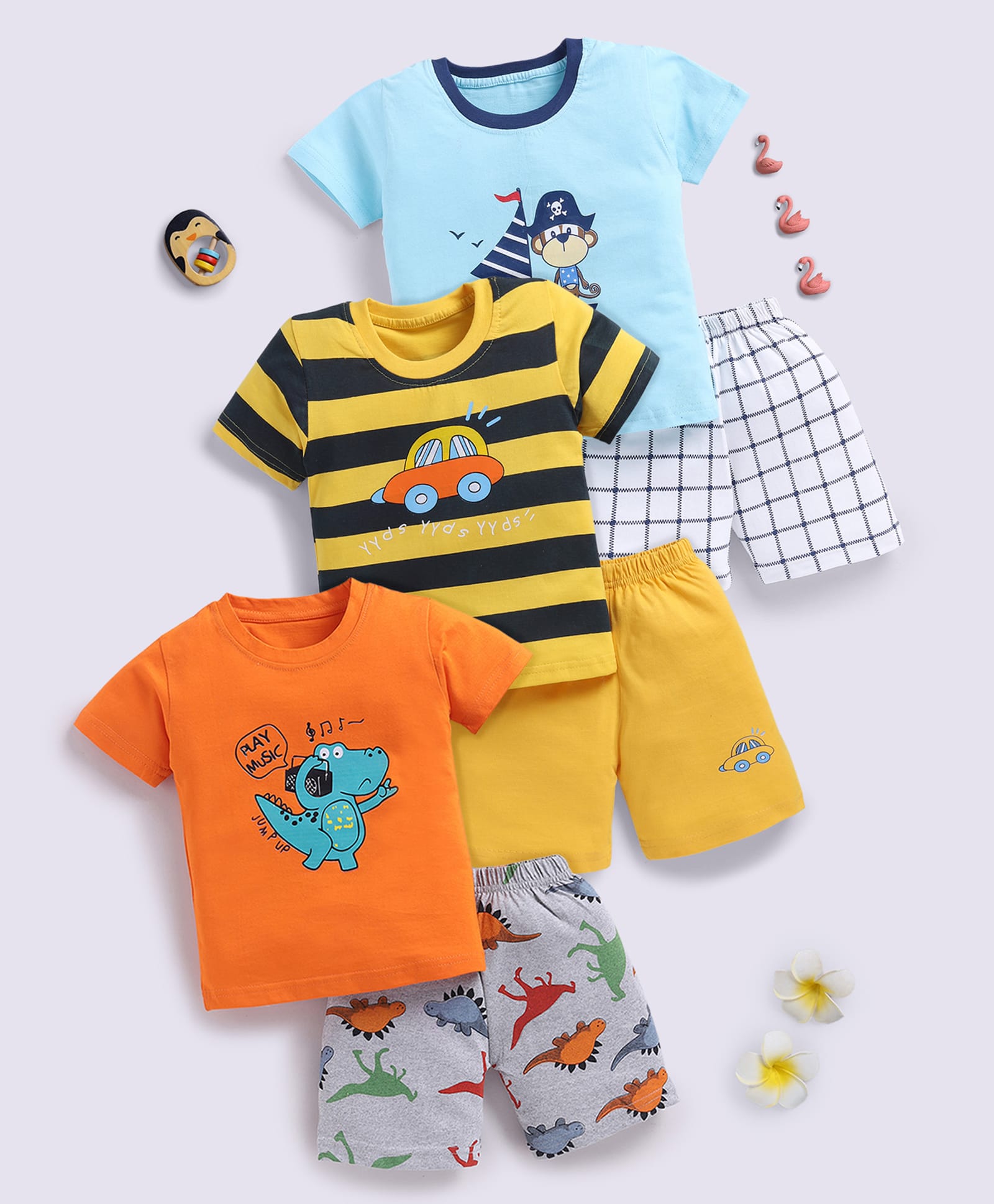 blushh berry Cotton Knit Pack Of 3 Half Sleeveless Dinosaur & Monkey Printed Tees & Shorts Set - Blue Yellow & Orange-image-48