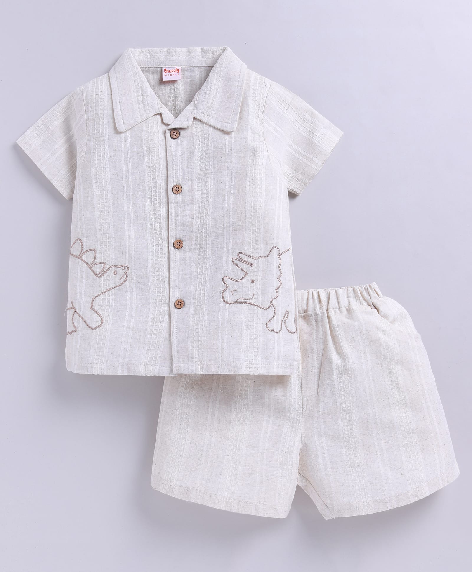 Snuggly MONKEY Muslin Woven Half Sleeves Animals Embroidered Shirt & Shorts Set - Off White-image-40