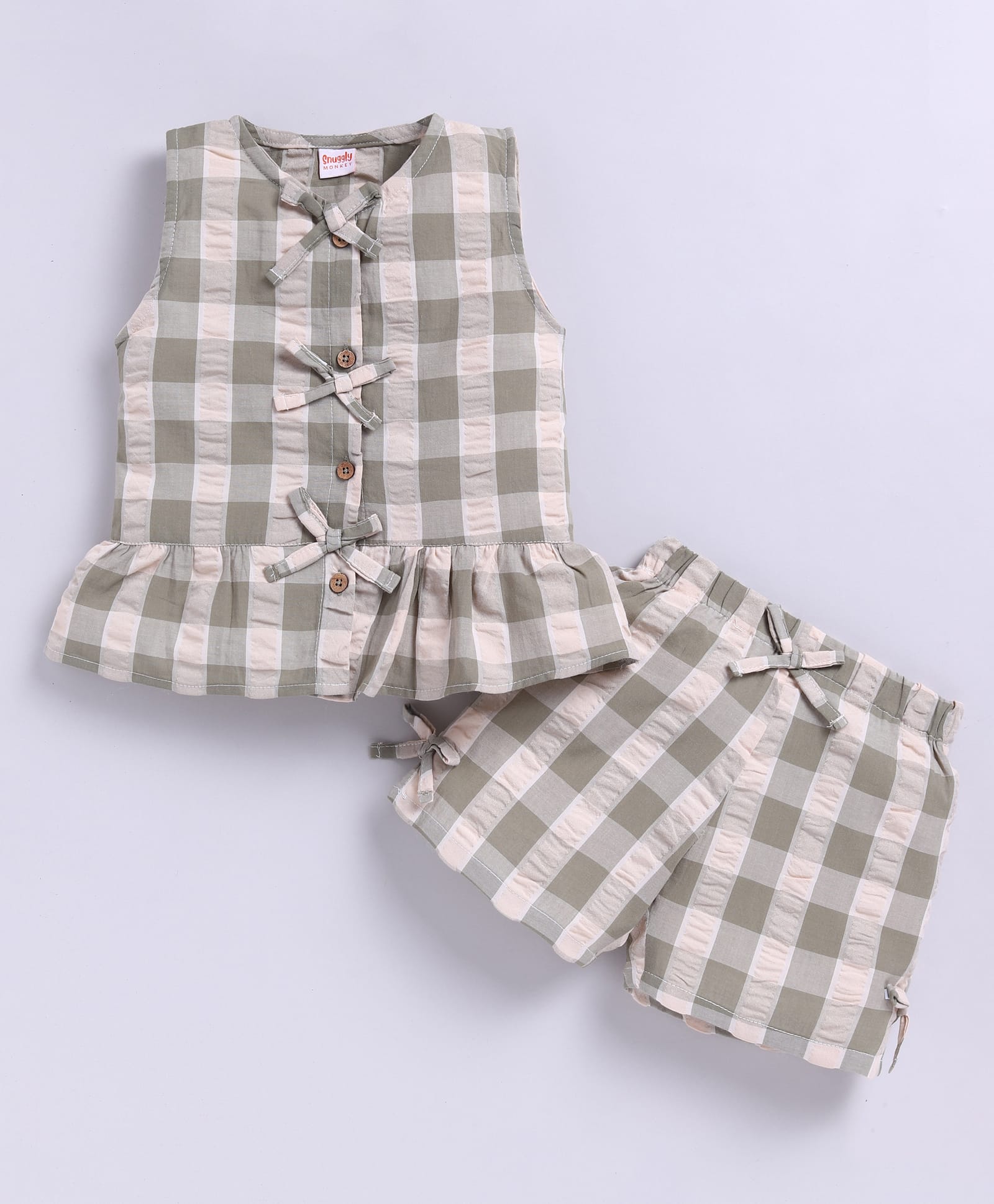 Snuggly MONKEY Seersucker Woven Sleeveless Checked Coordinating Top & Short Sets - Olive Green-image-33