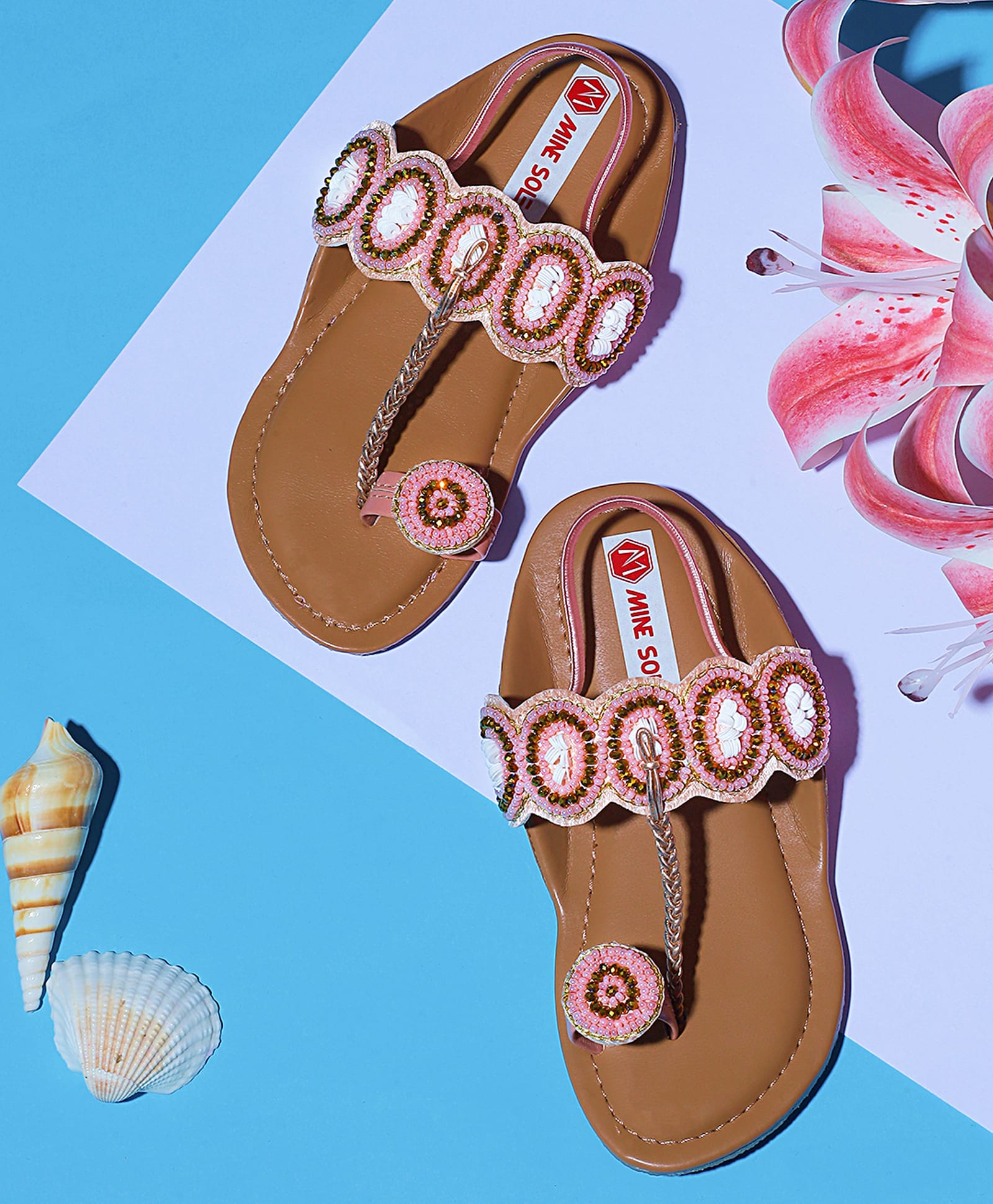 Mine Sole Beads Pearl & Sequins Embellished Geometric Designed Sandals - Peach-image-18