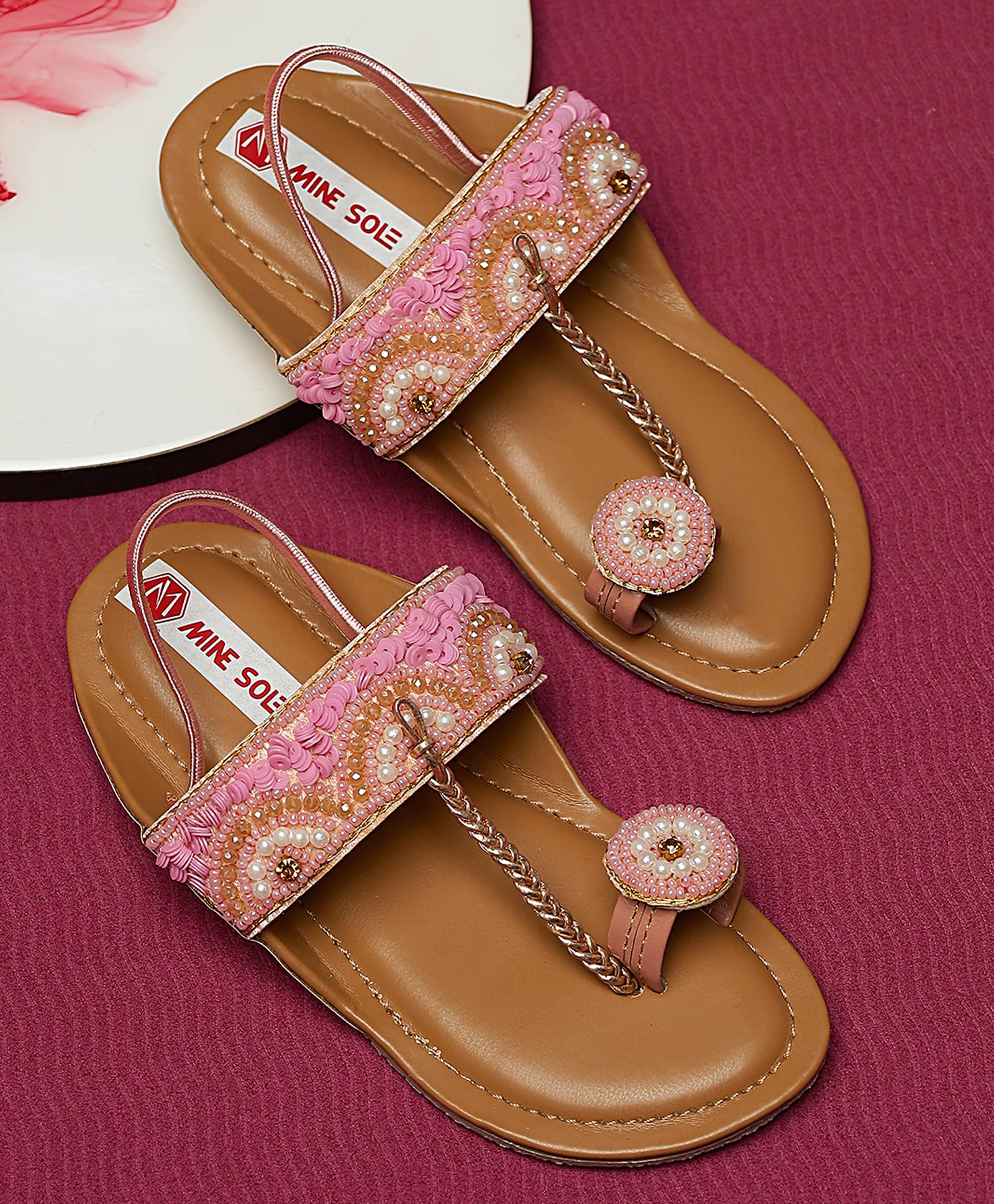 Mine Sole Beads Pearl & Sequins Embellished Geometric Designed Sandals - Pink-image-35