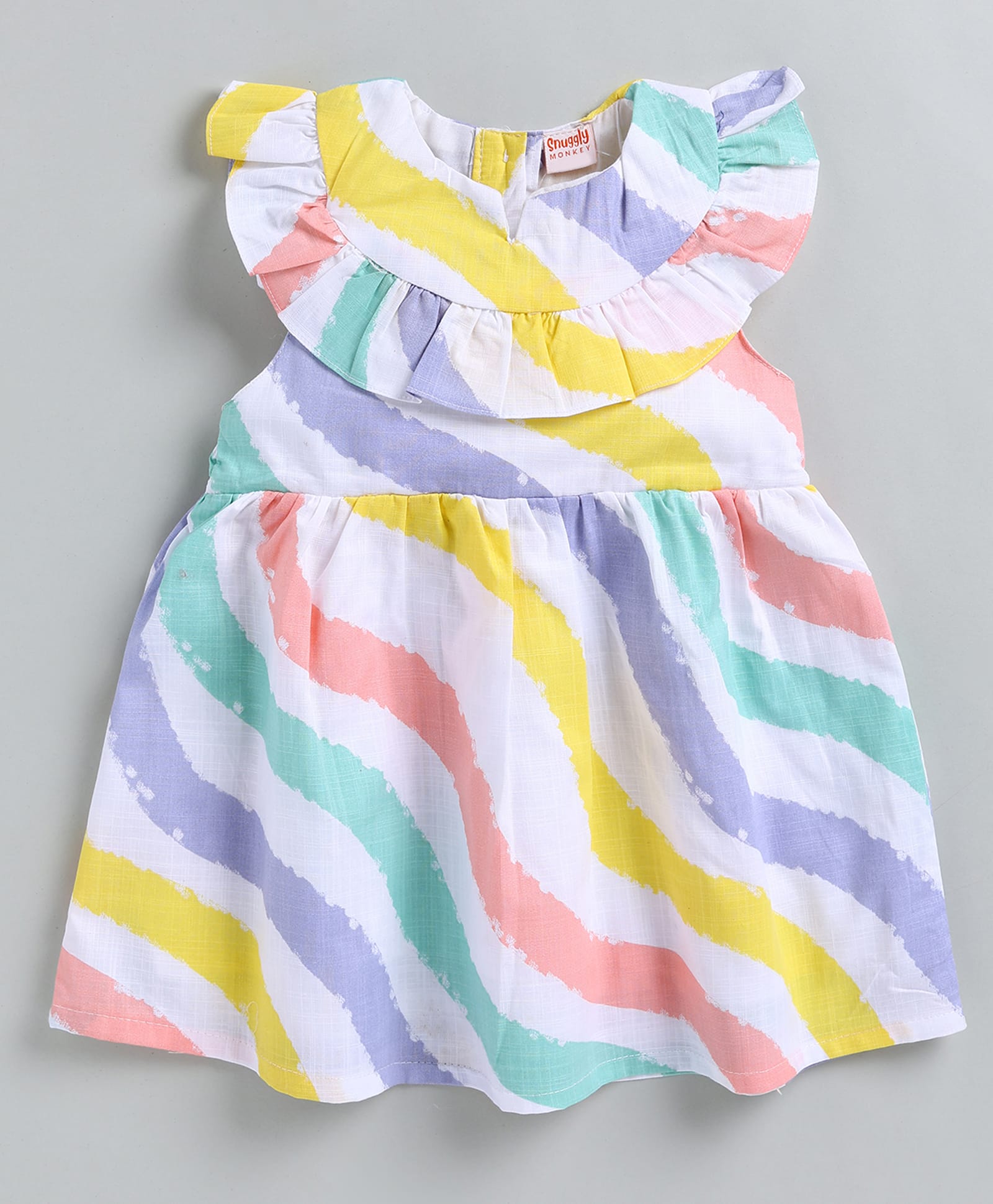 snuggly monkey linen woven sleeveless waves printed dress - white