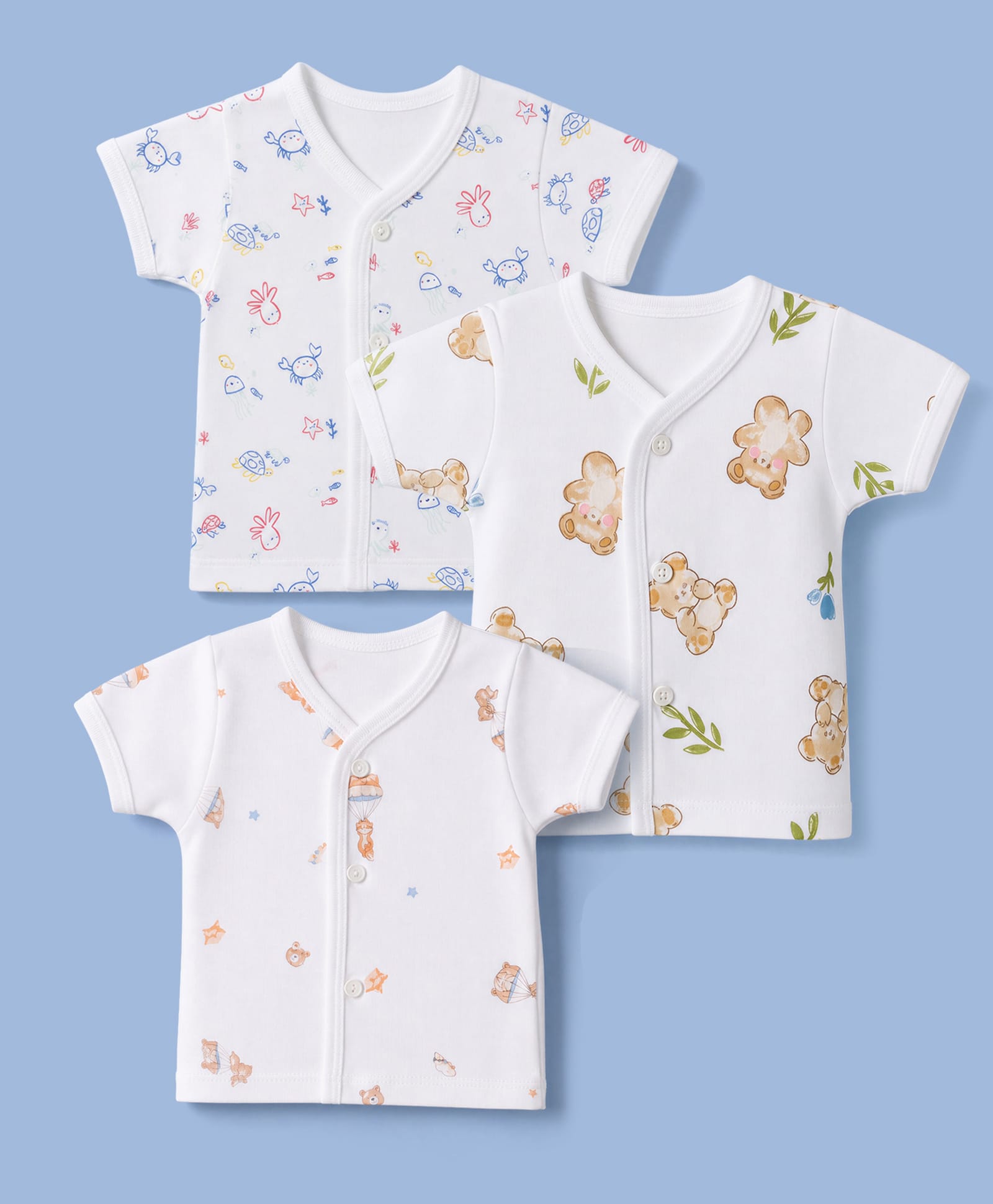 Pink Rabbit Sinker Knit Half Sleeves Jhablas With Teddy Paracute & Turtle Print Pack of 3 - White-image-33