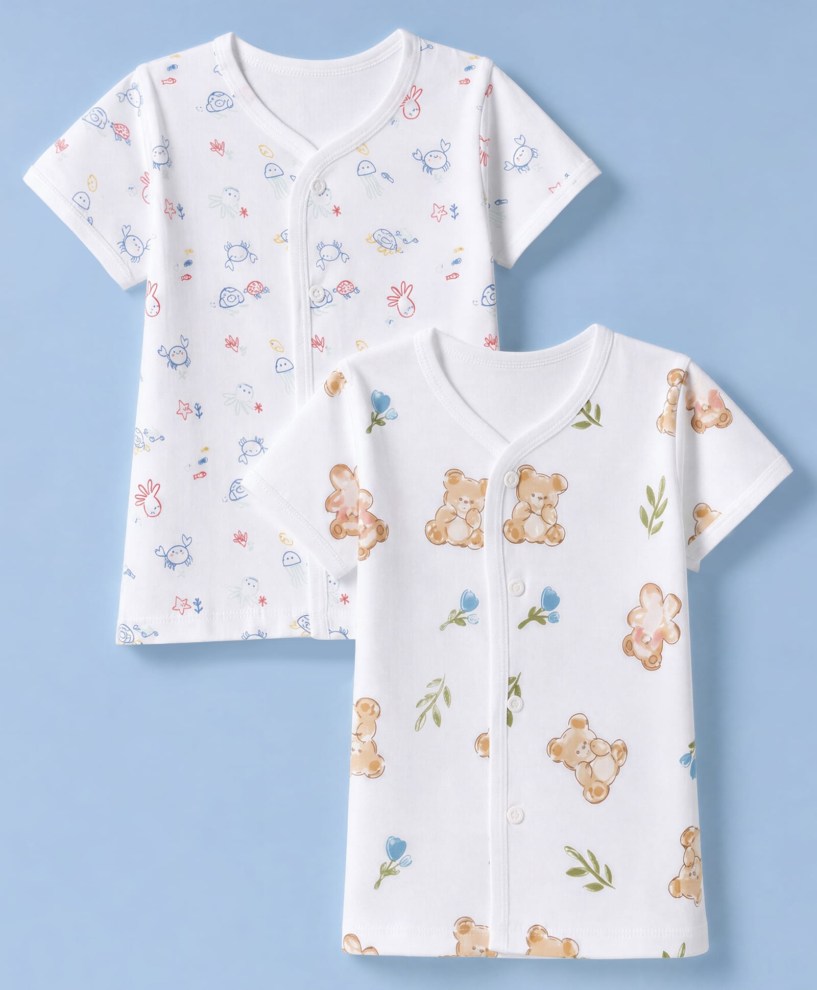 Pink Rabbit Sinker Knit Half Sleeves Jhablas With Teddy Bear & Turtle Print Pack of 2 - White-picture-36