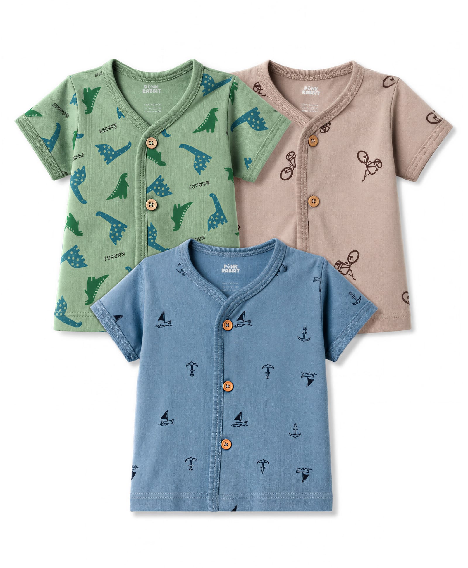 Pink Rabbit Sinker Knit Half Sleeves Jhablas With Dino Boat & Cycle Print Pack of 3 - Multicolor-picture-2