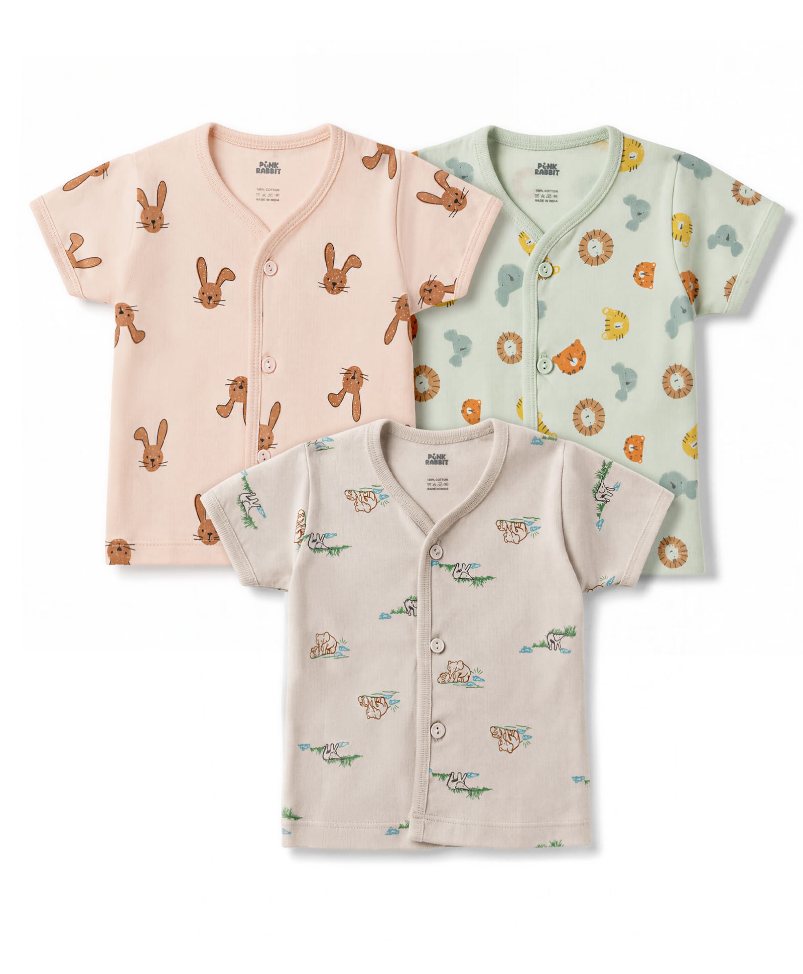 Pink Rabbit Sinker Knit Half Sleeves Jhablas Bunny Elephant & Lion Print Pack of 3 - Multicolor-image-32