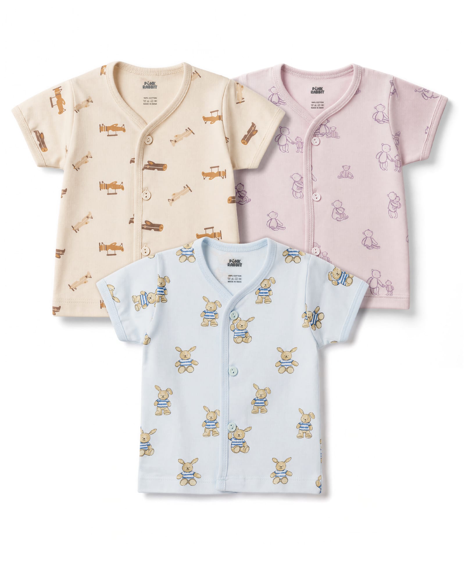 Pink Rabbit Sinker Knit Half Sleeves Jhablas With Teddy & Helicopter Print Pack of 3 - Multicolor-image-31