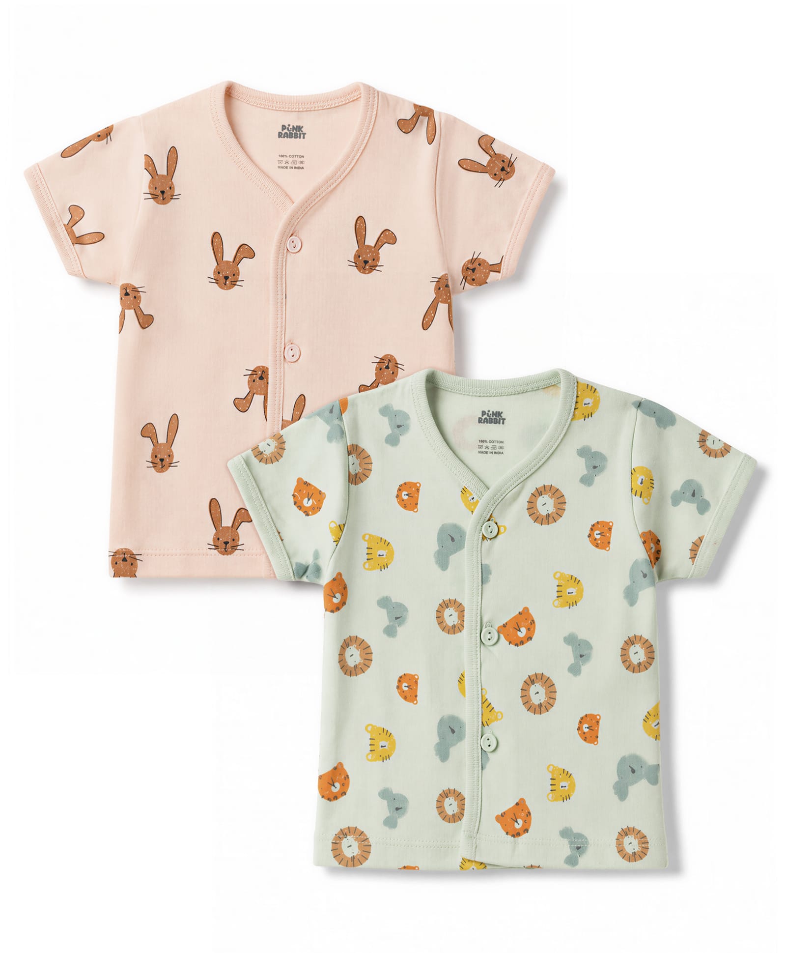 Pink Rabbit Sinker Knit Half Sleeves Jhablas With Bunny & Lion Print Pack of 2 - Multicolor-picture-7