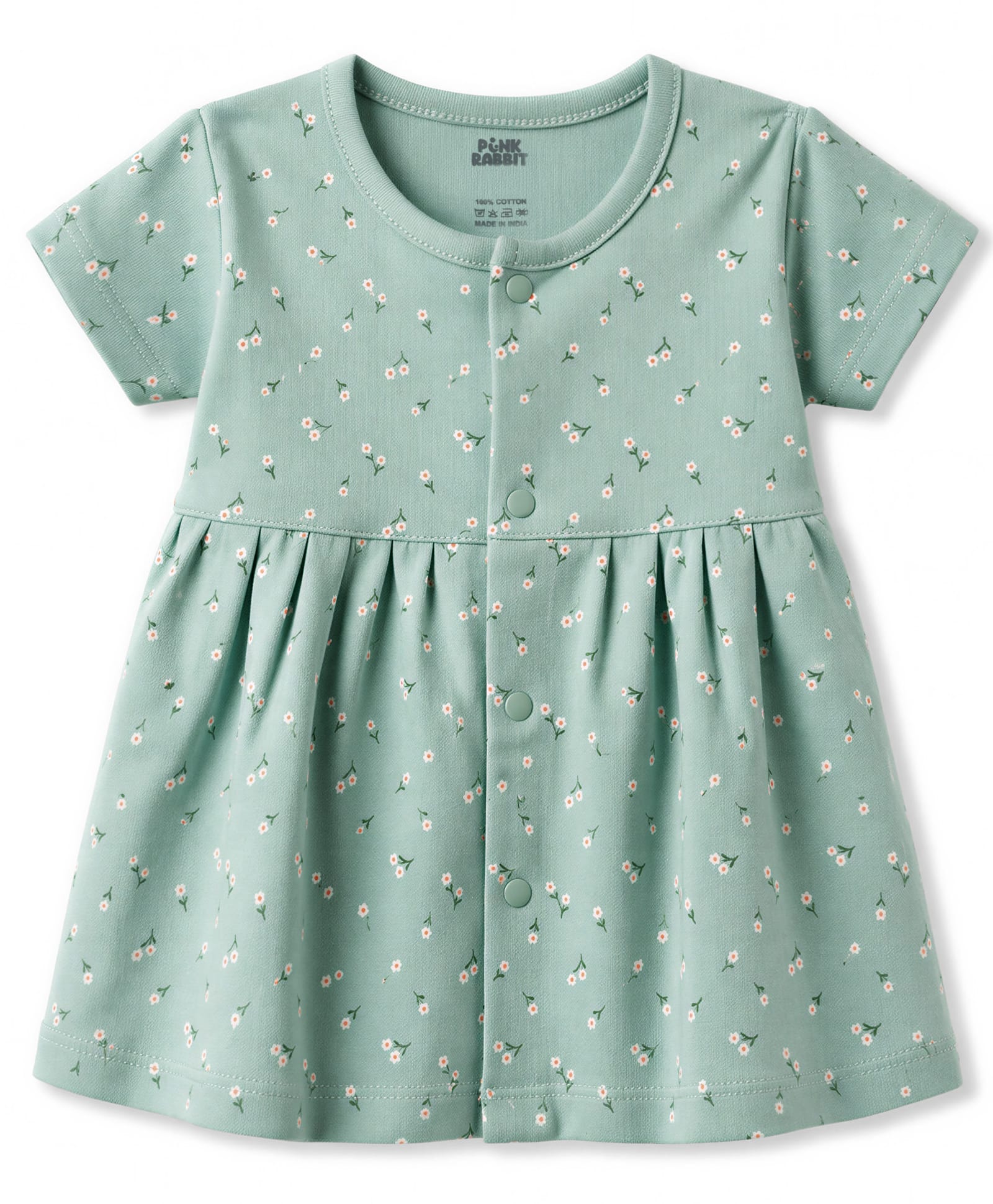 Pink Rabbit Interlock Knit Half Sleeves Floral Printed Frock - Light Green-image-2