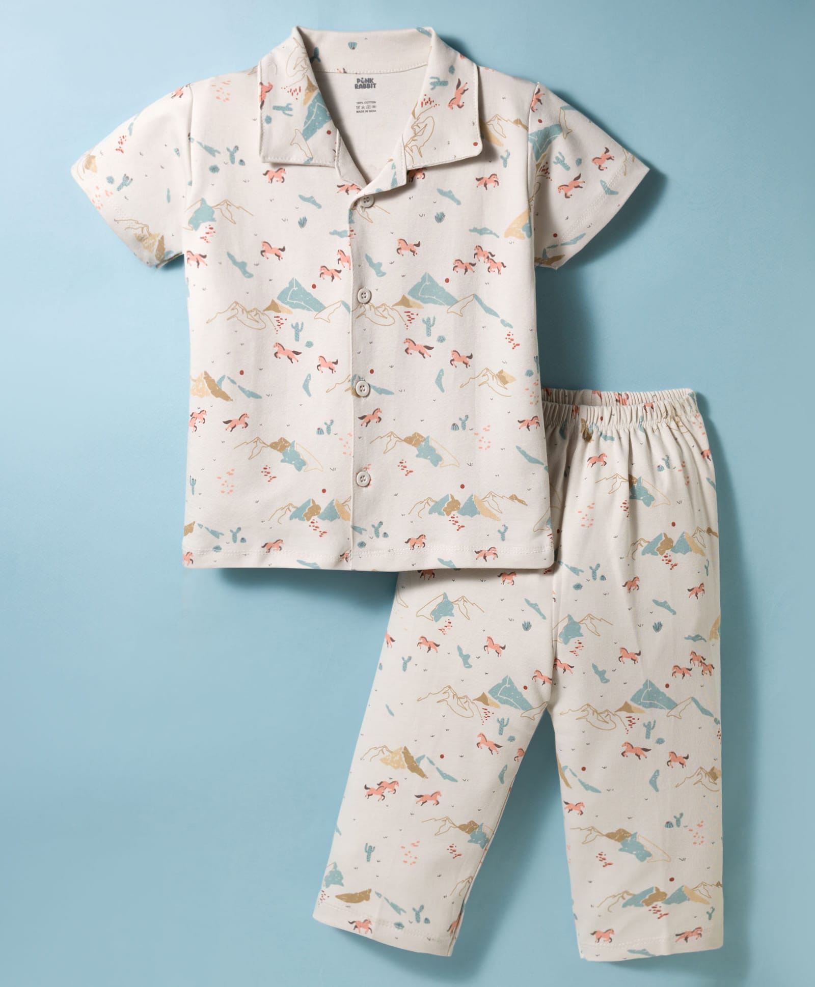 Pink Rabbit Interlock Knit Half Sleeves Horse Printed Co-Ords Shirt & Pyjama Night Suit - Cream-picture-14