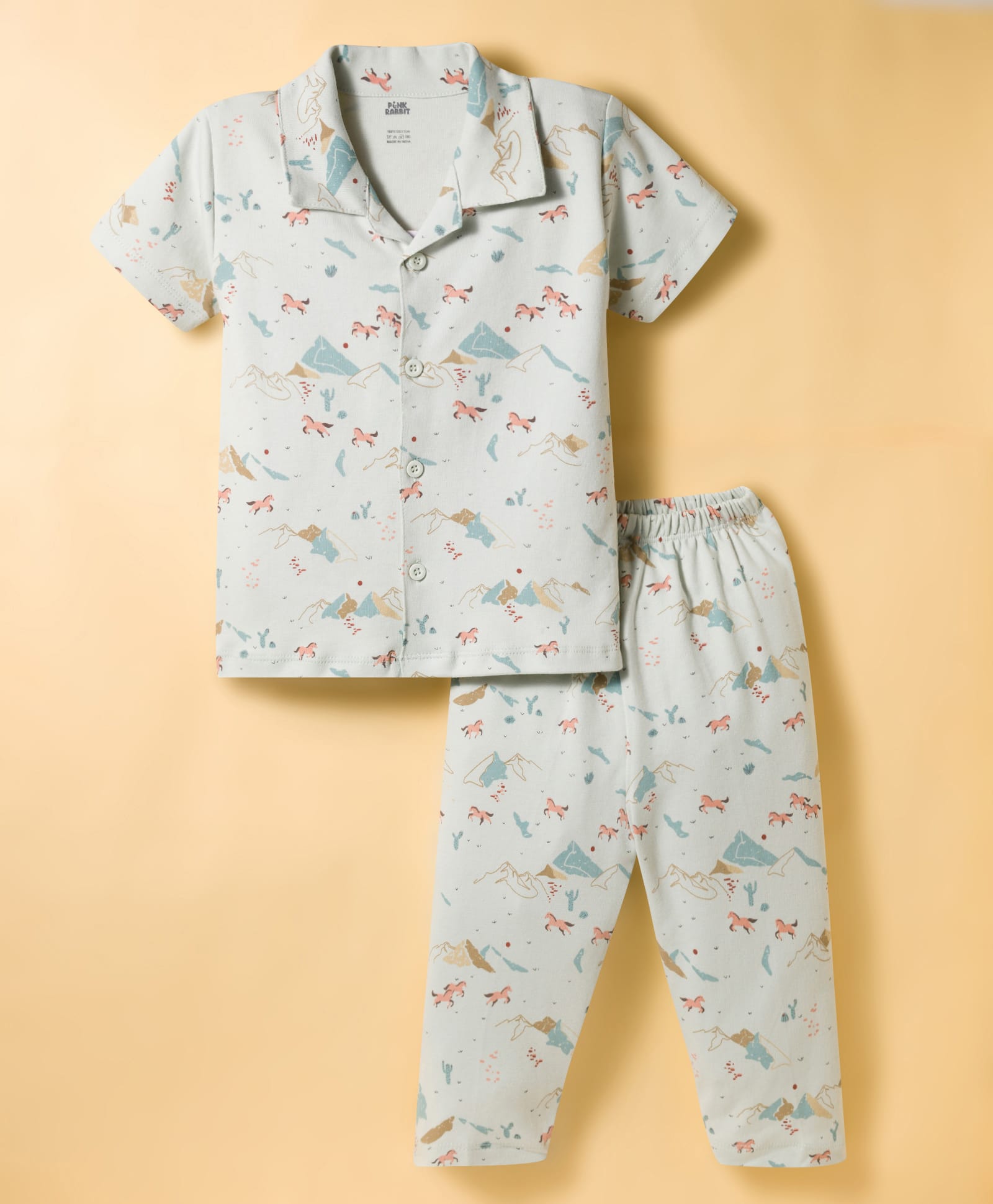 Pink Rabbit Interlock Knit Half Sleeves Horse Printed Co-Ords Shirt & Pyjama Night Suit - Light Green-picture-24