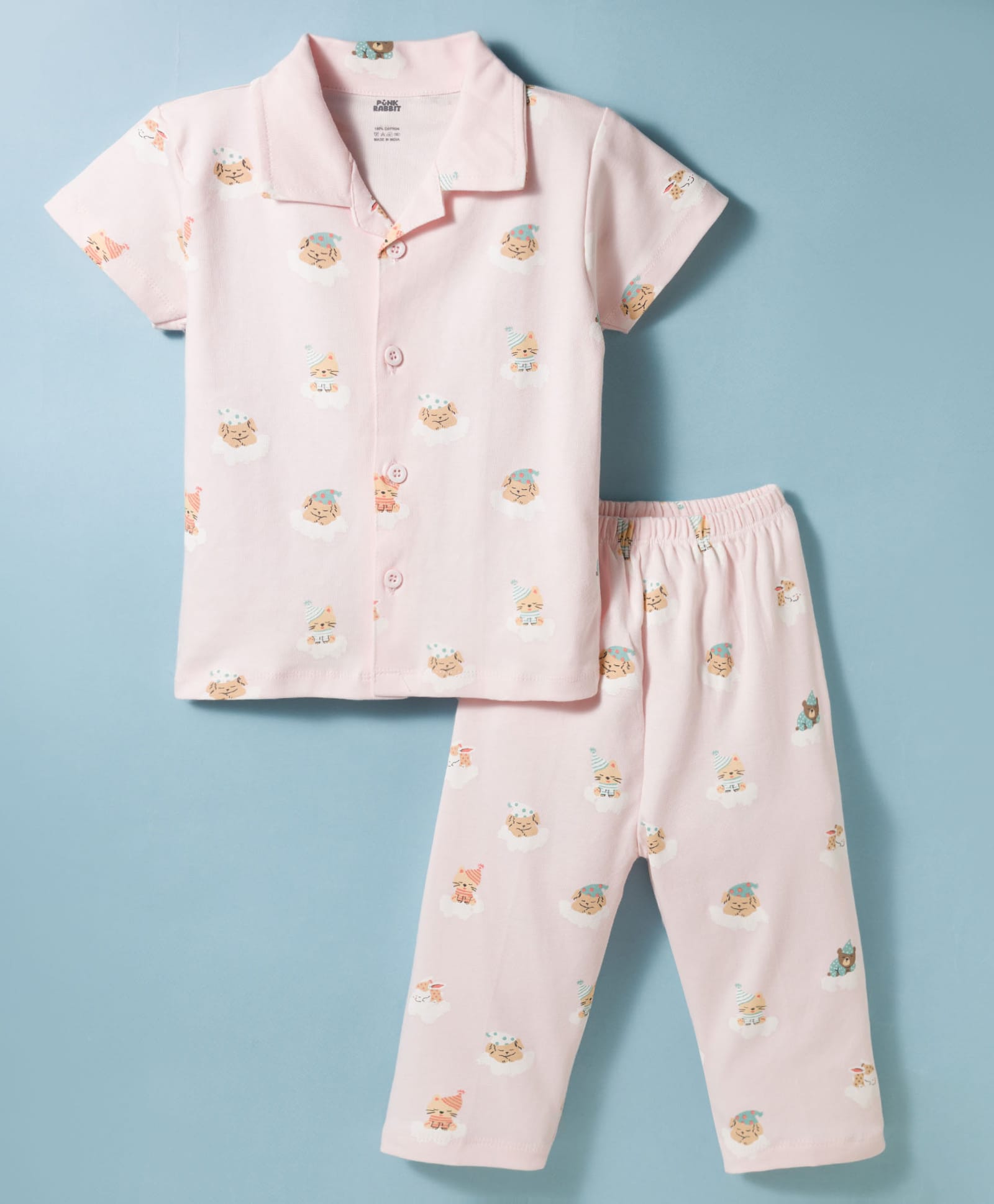 Pink Rabbit Interlock Knit Half Sleeves Puppy Printed Co-Ords Shirt & Pyjama Night Suit - Pink-image-7