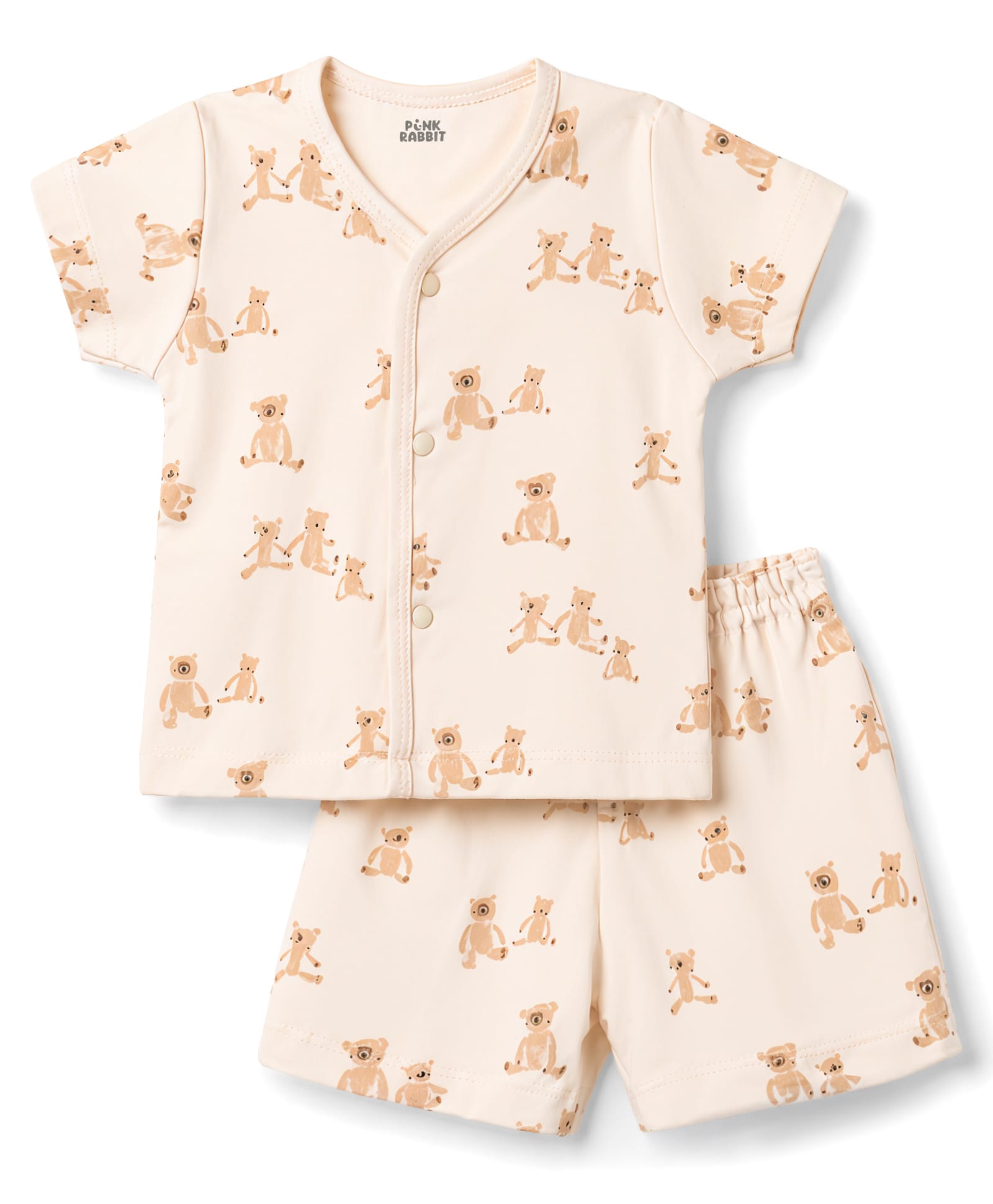 Pink Rabbit Interlock Knit Half Sleeves Bear Printed Co-Ords T-Shirt & Shorts Night Suit - Cream-image-49
