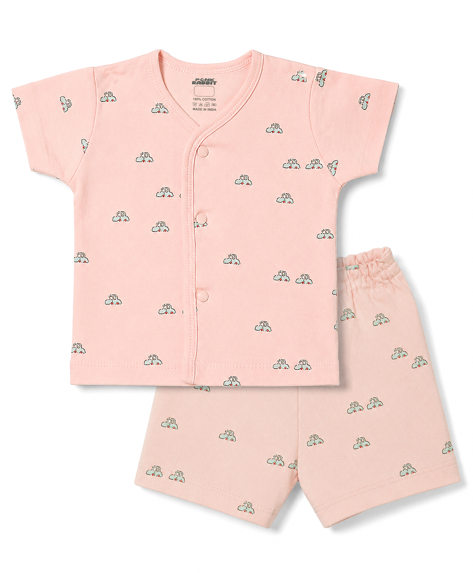 Pink Rabbit Interlock Knit Vehicles Printed Co-Ords T-Shirt & Shorts Night Suit - Pink-image-4