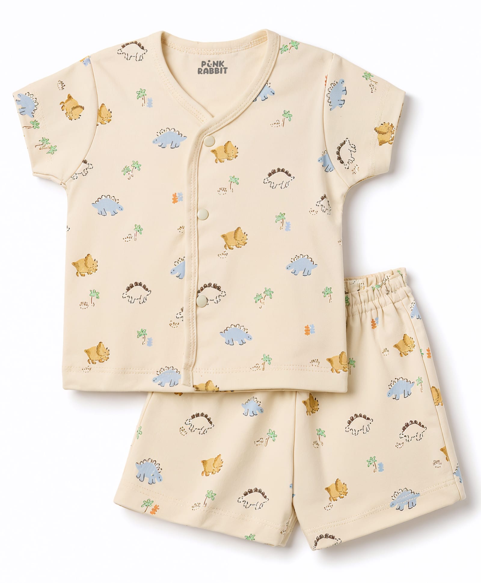 Pink Rabbit Interlock Knit Half Sleeves Dino Printed Co-Ords T-Shirt & Shorts Night Suit - Cream-picture-27