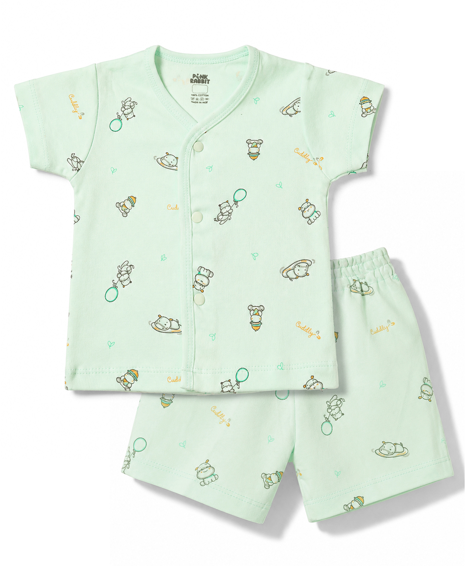 Pink Rabbit Interlock Knit Half Sleeves Hippo Printed Co-Ords T-Shirt & Shorts Night Suit - Light Green-image-37