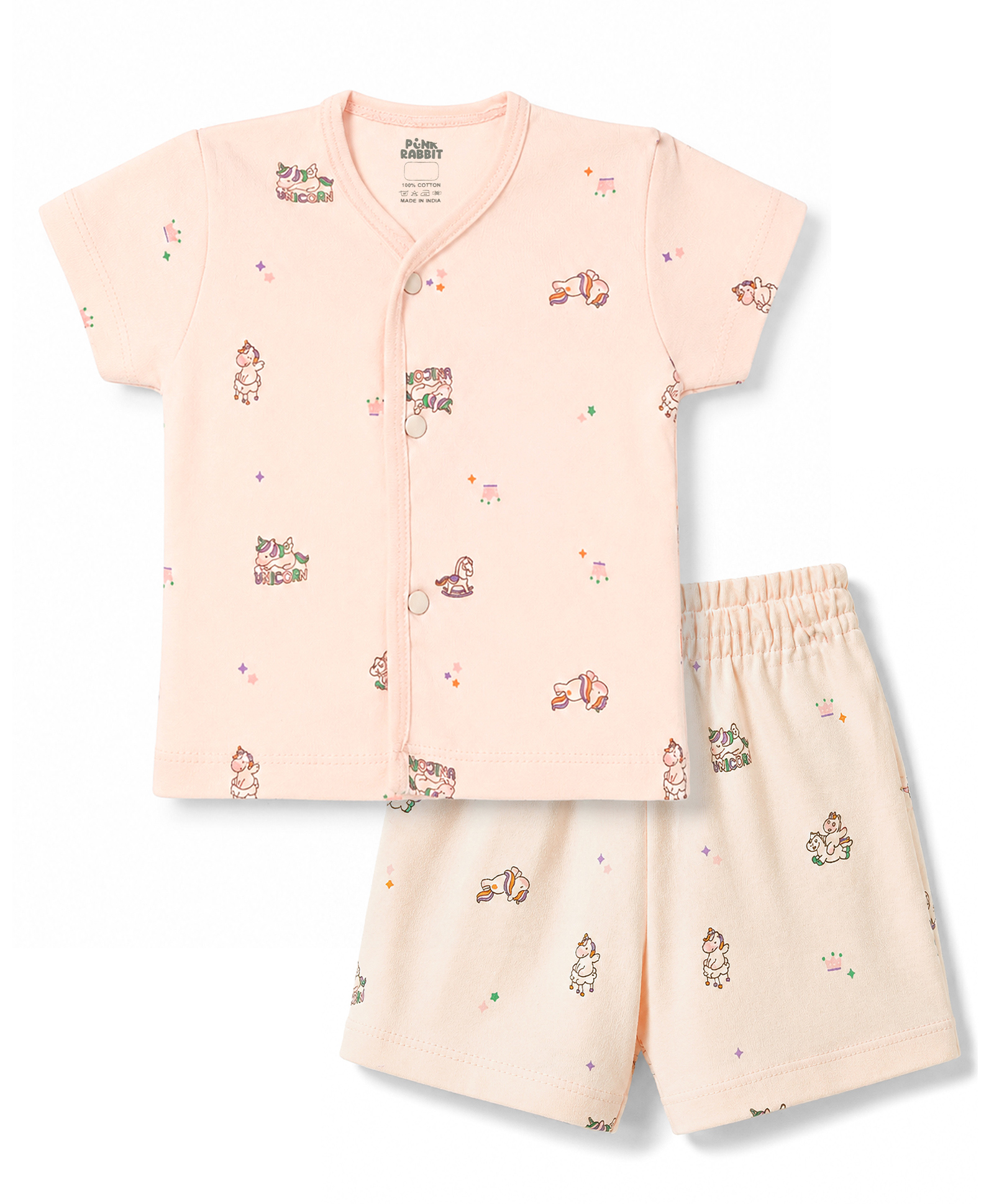 Pink Rabbit Interlock Knit Half Sleeves Unicorn Printed Co-Ords T-Shirt & Shorts Night Suit - Light Pink-image-33