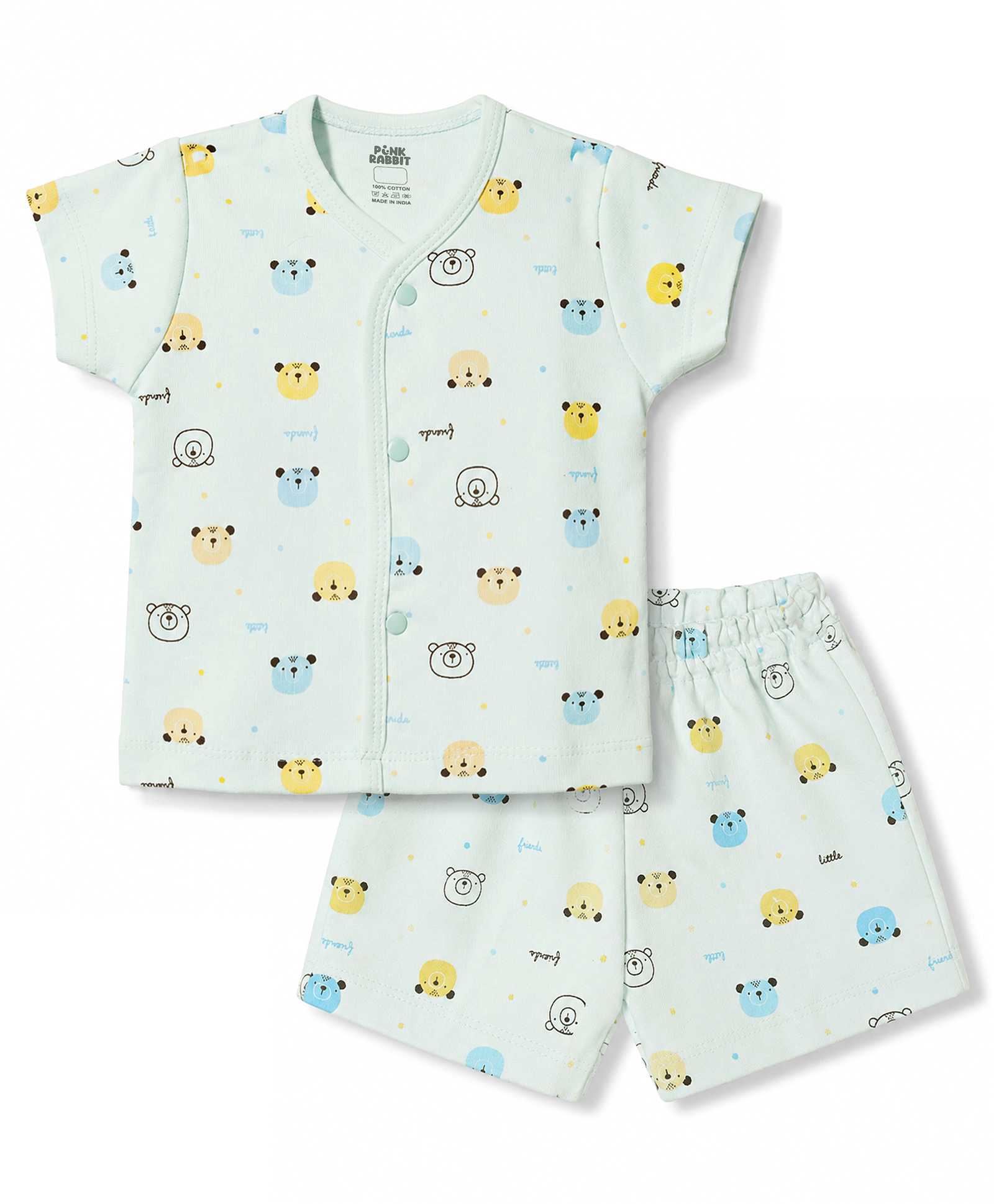 Pink Rabbit Interlock Knit Half Sleeves Bear Printed Co-Ords T-Shirt & Shorts Night Suit - Light Blue-image-49