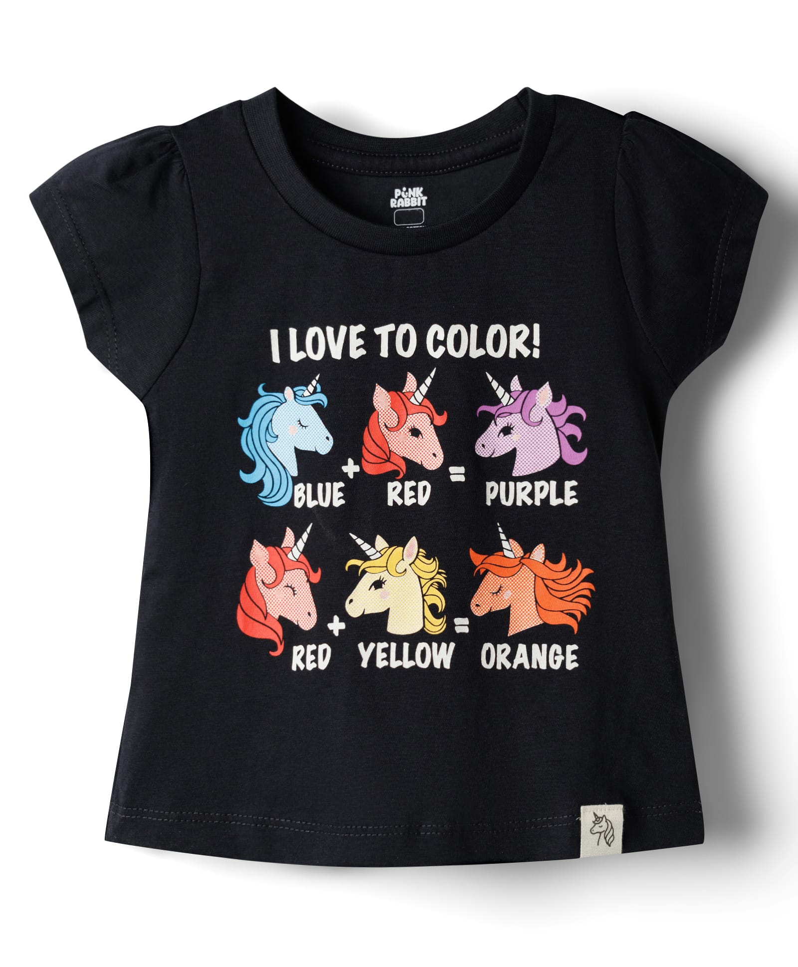 Pink Rabbit Cotton Knit Half Sleeves Top with I Love To Color Text & Unicorn Print - Black-image-2