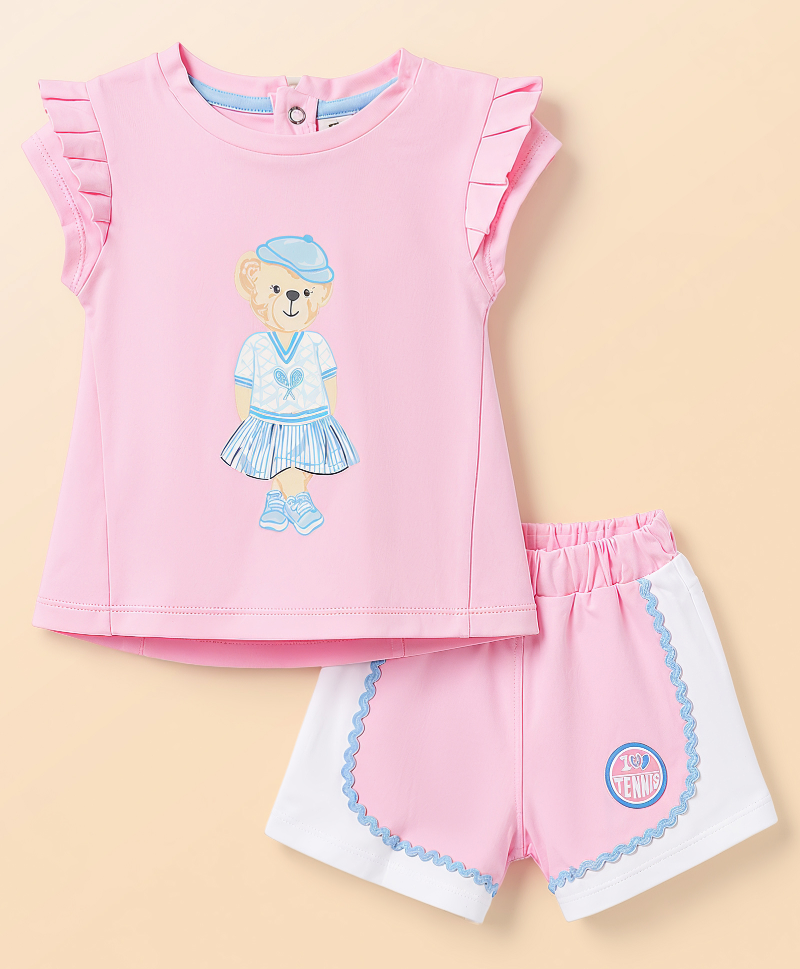 ToffyHouse Cotton Knit Half Sleeves Top & Shorts Set With Bear Print - Pink-picture-8