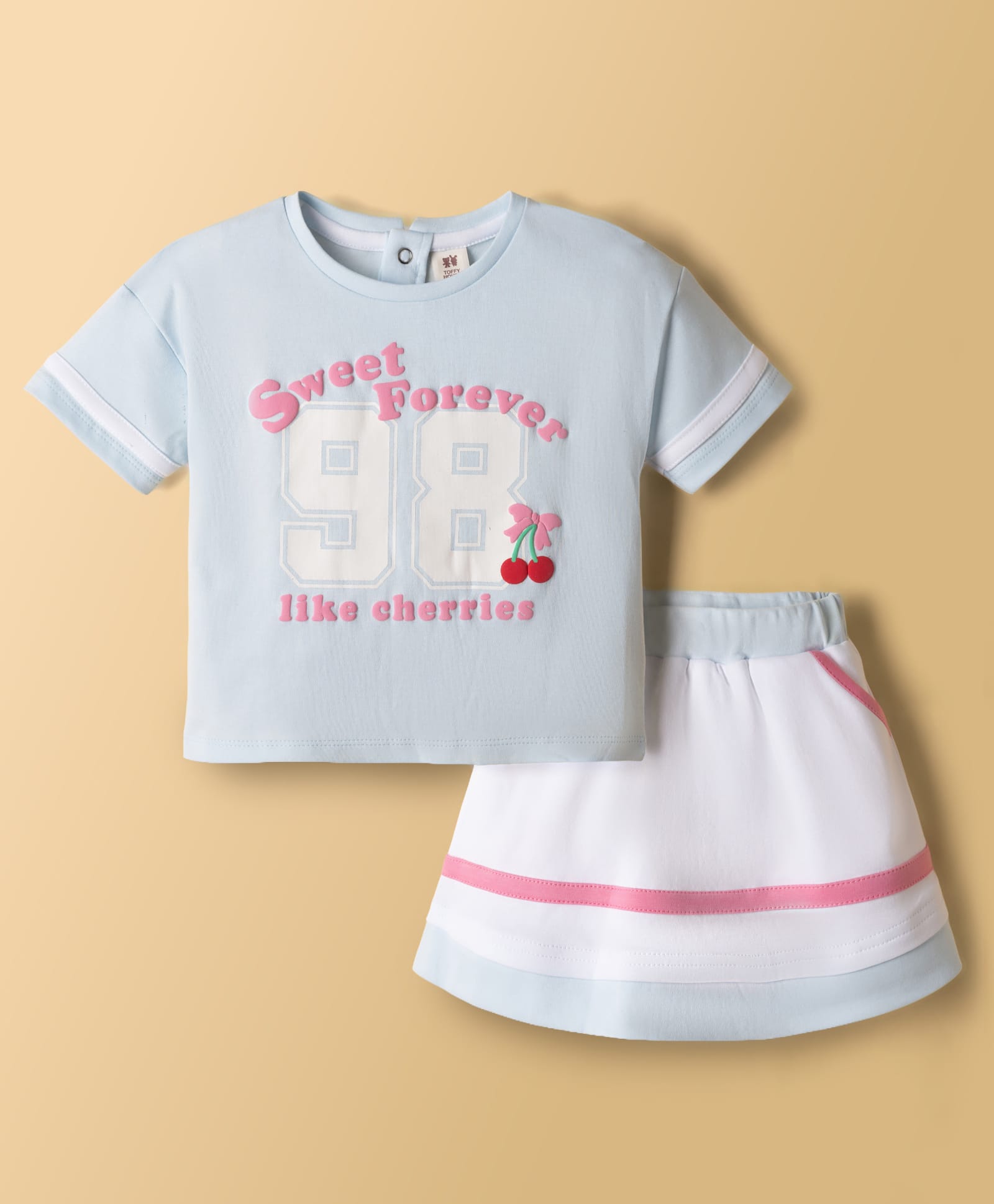 ToffyHouse Knitted Half Sleeves Top & Skirt With Text Print - Light Blue-image-9