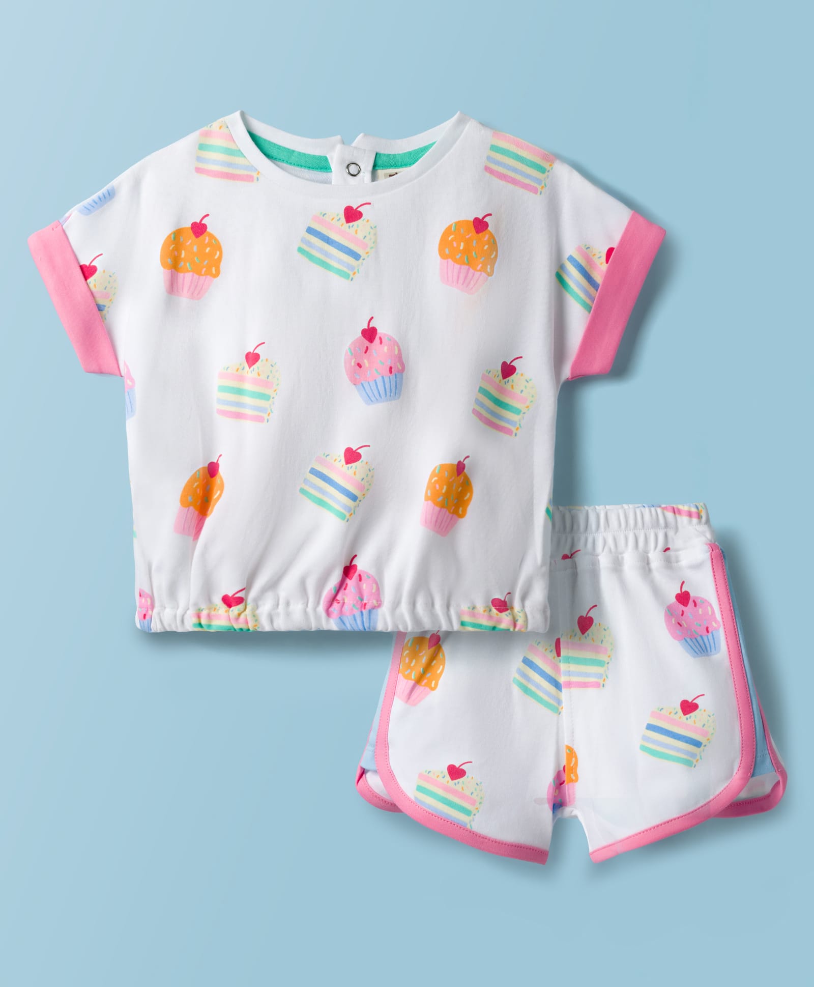 ToffyHouse Knitted Half Sleeves T-Shirt & Shorts With Cake Print - White-picture-48
