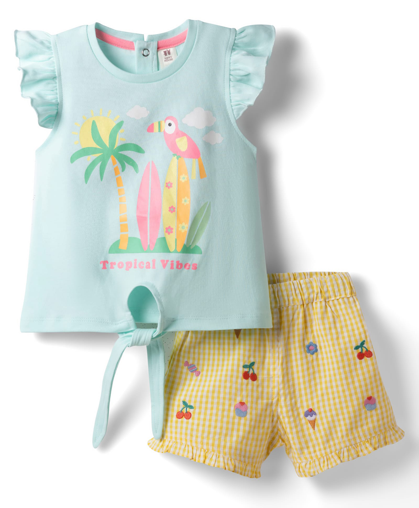 ToffyHouse Cotton Knit Half Sleeves Beach Theme Printed Top & Shorts Set With Tropical Theme Embroidery - Light Green & Yellow-image-16