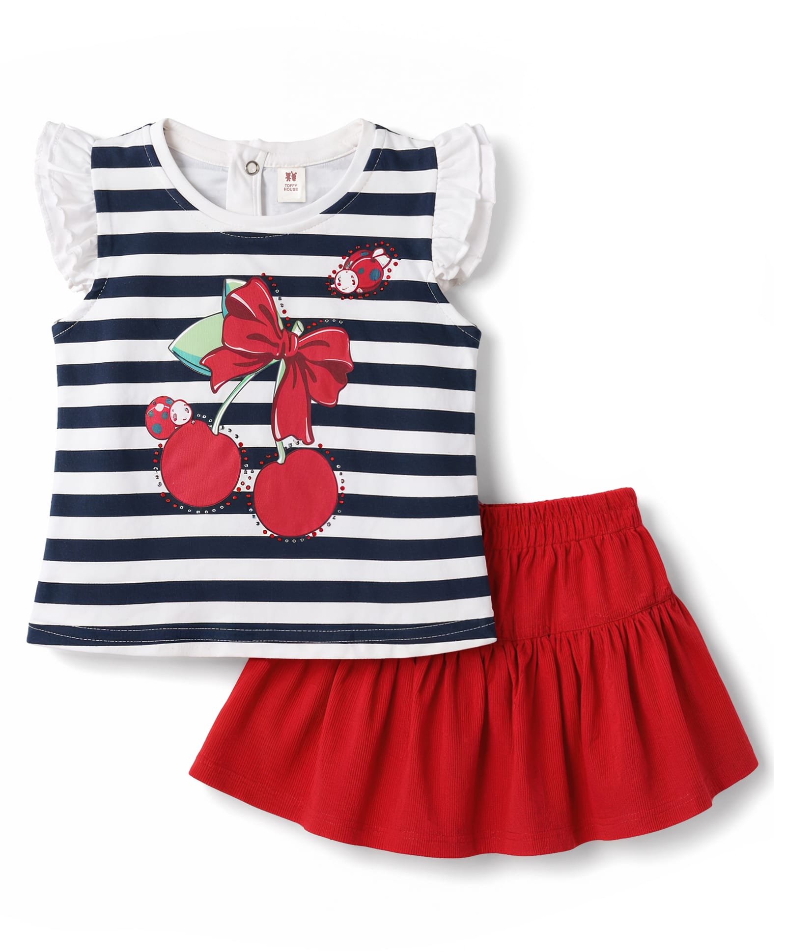 ToffyHouse Knitted Half Sleeves Striped Top & Skirt With Cherry Print - Red & White-image-43