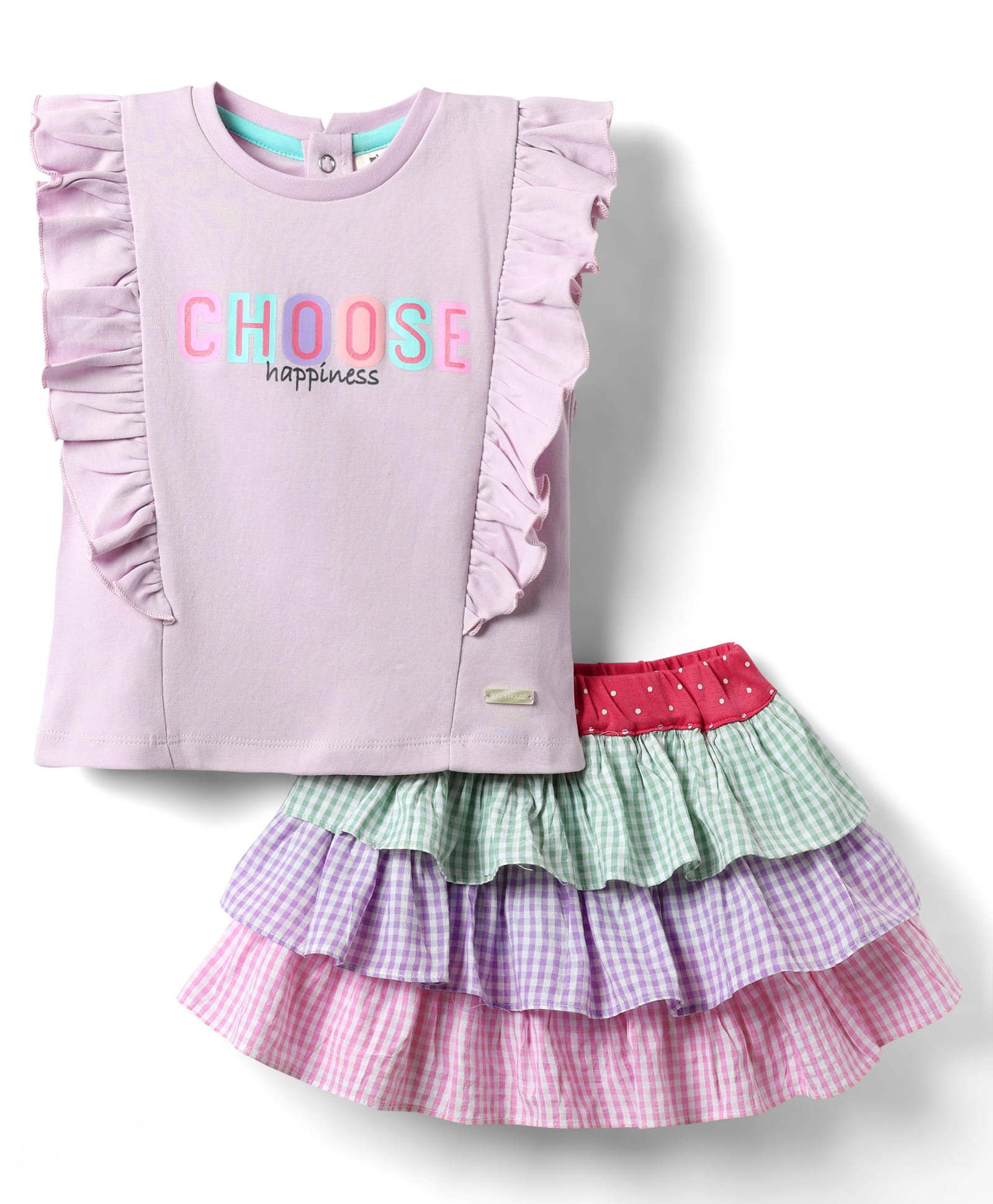 ToffyHouse Knitted Half Sleeves Text Printed Top & Layered Checked Skirt Set - Mauve-image-3