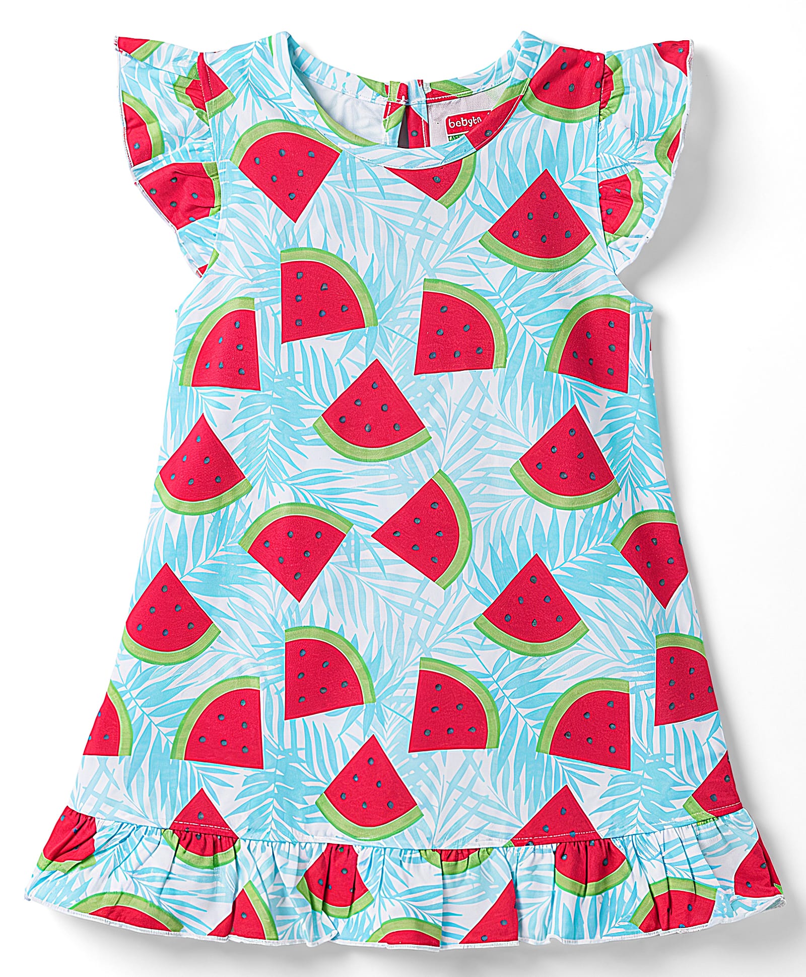 Babyhug Cotton Knit Half Frill Sleeves Watermelon Printed Nighty - Light Blue-image-45