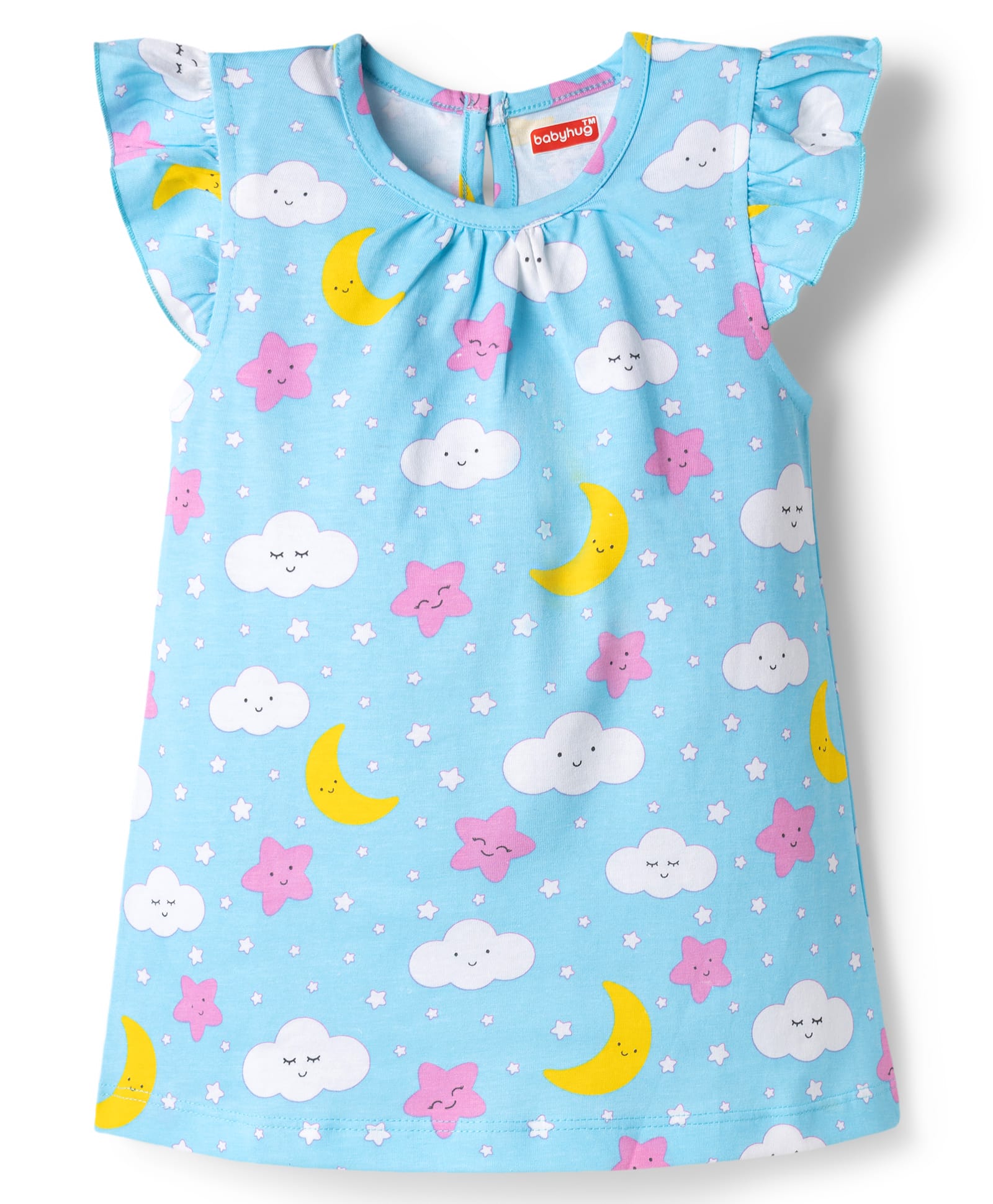 Babyhug Cotton Knit Half Sleeves Star Moon & Clouds Printed Nighty - Light Blue-image-25