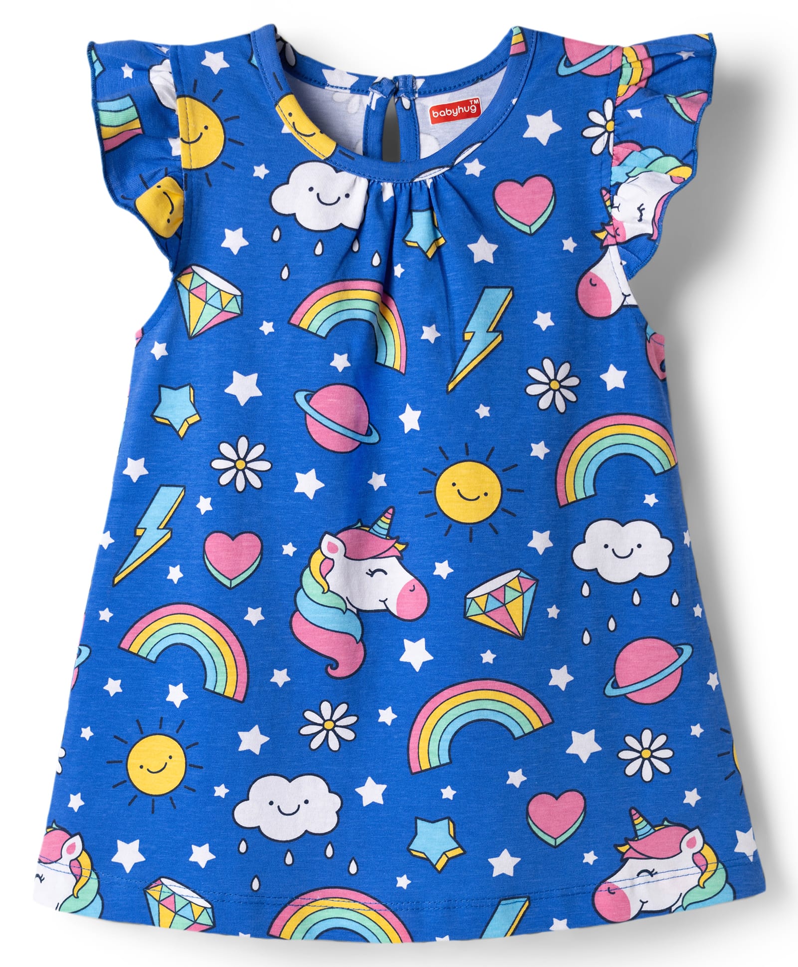 Babyhug Cotton Knit Half Sleeves Unicorn Rainbow Printed Nighty - Blue-image-5