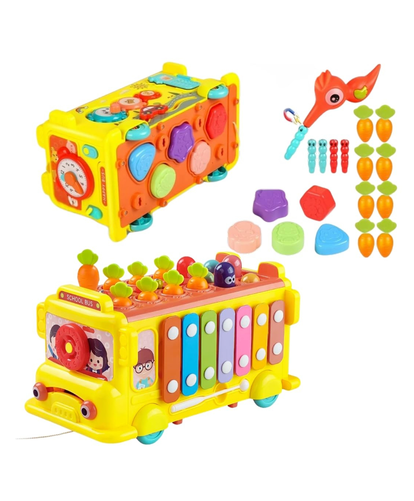 PLUSPOINT School Bus Activity Toy for kids Educational multifunctional Pull along bus with Gears, Teaching Clock, Fishing Game Color Matching Shape Puzzles Whack-a-mole toddler musical toy-picture-39