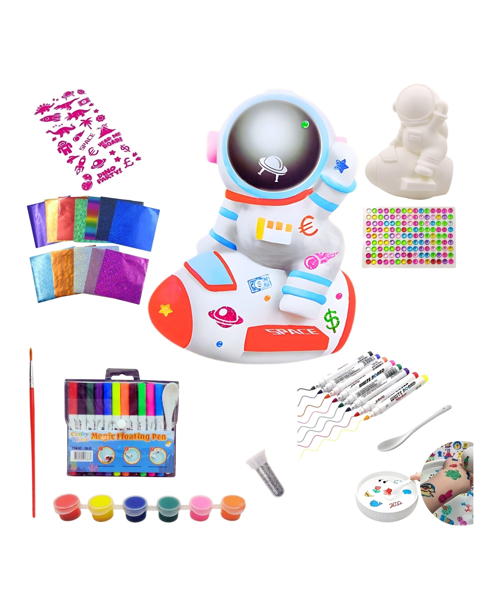 PLUSPOINT DIY Astronaut Piggy bank for kids Paint Decorate Piggy Bank with Gemstone, Stickers, foil art, Markers, Painting Kit DIY Money Coin Bank, Arts and Crafts Birthday Gifts for Kids 5+ Years Old-picture-8