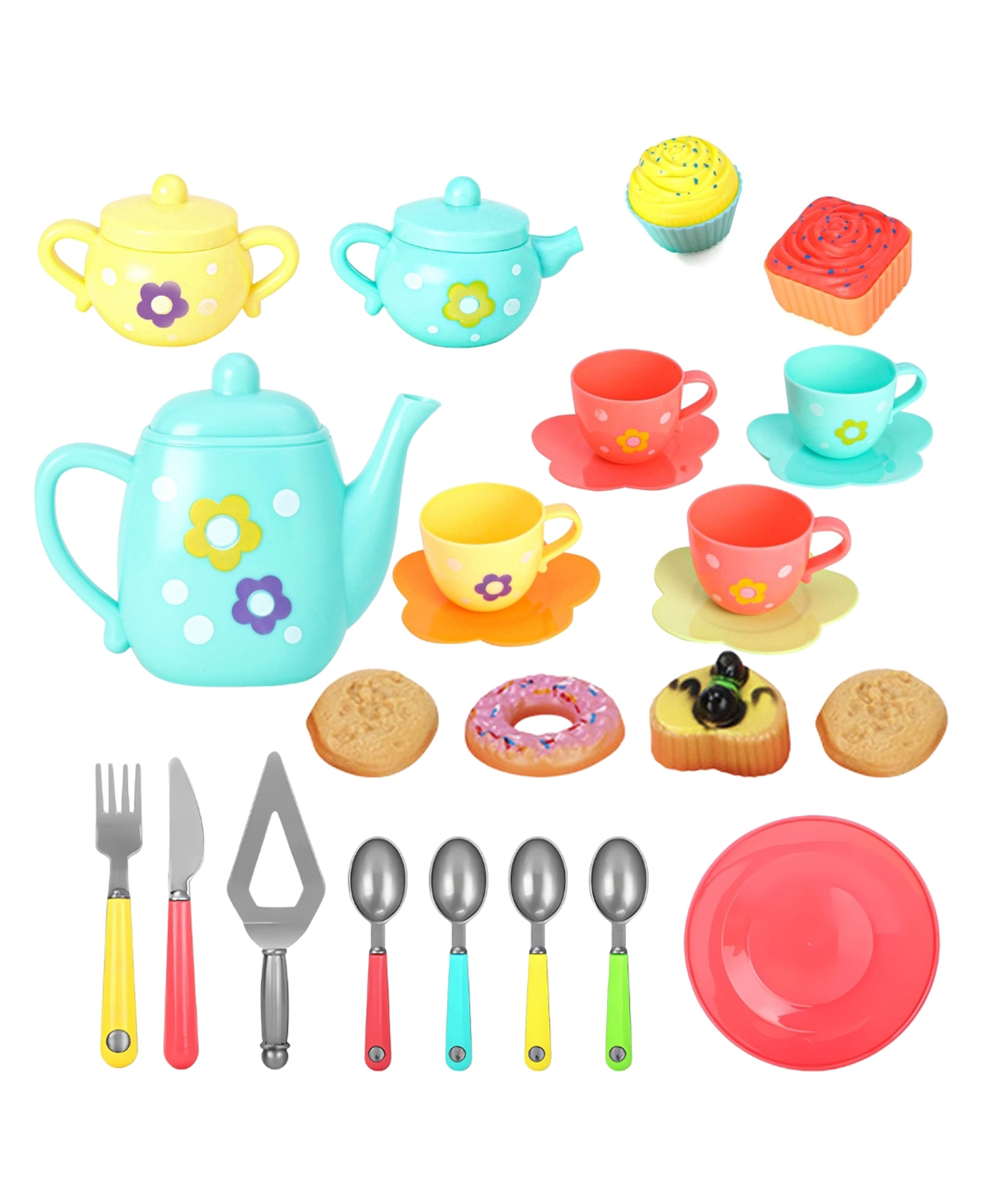 PLUSPOINT Tea Set Tea Party Pretend Playset for Kids, Tea Set Party with Dessert Candy Muffin Toys Including Teapot Cups & Plates Girls Kitchen Toy Gift for Toddler Kids Boys Girls 3 Yrs+-picture-15