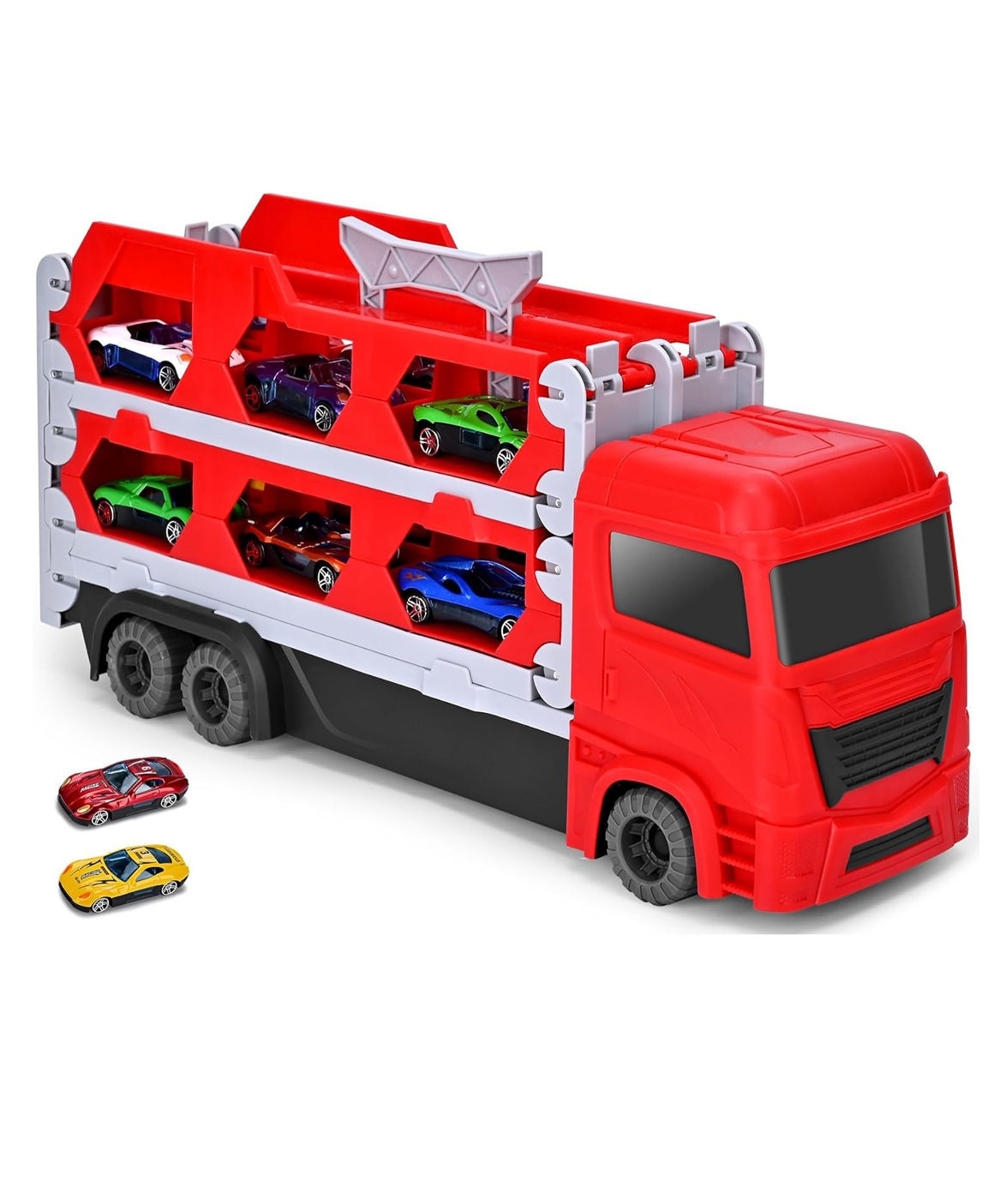 PLUSPOINT Big Carrier Truck Race Track Boys Toys, 78-Inch Toy Truck Transport Car Race Trailer & 2 Die-Cast Metal Toy Cars, Toddler Truck Car Toys Track Set Gifts for Kids Age 3 4 5 6+ Years-image-4