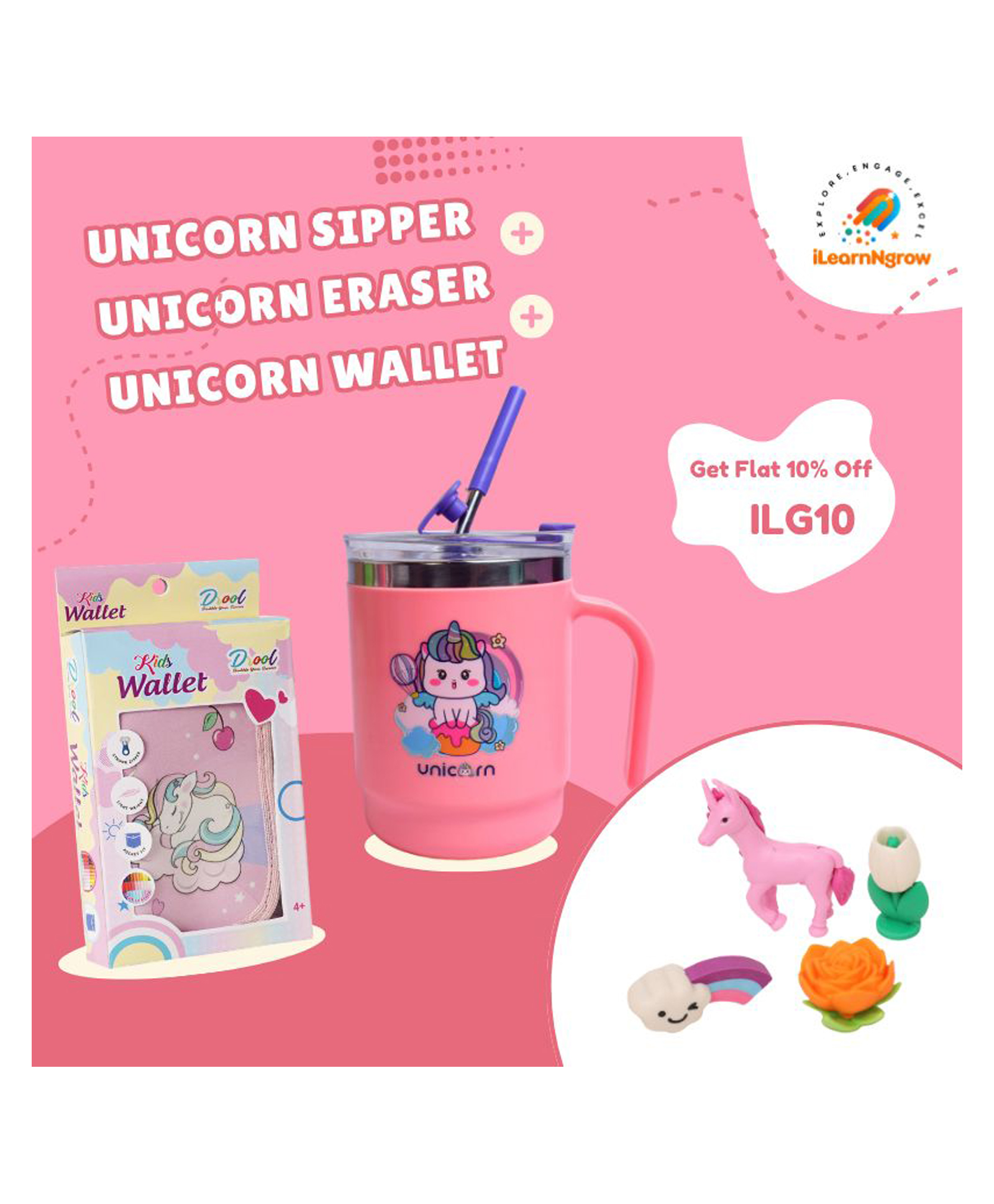 ilearnngrow Unicorn Fun Bundle for Kids Sipper Bottle, Eraser & Wallet | Magical Unicorn Gift Set-image-13