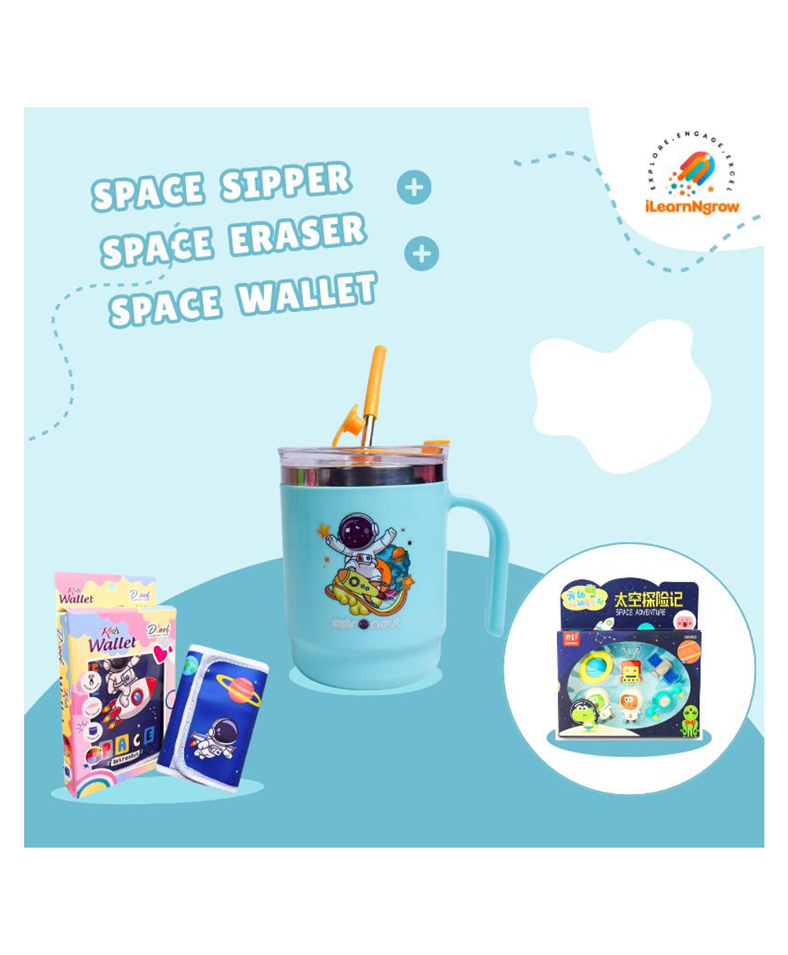 ilearnngrow Dino Adventure Bundle for Kids Sipper Bottle, Eraser & Wallet | Dinosaur-Themed Gift Set-image-42