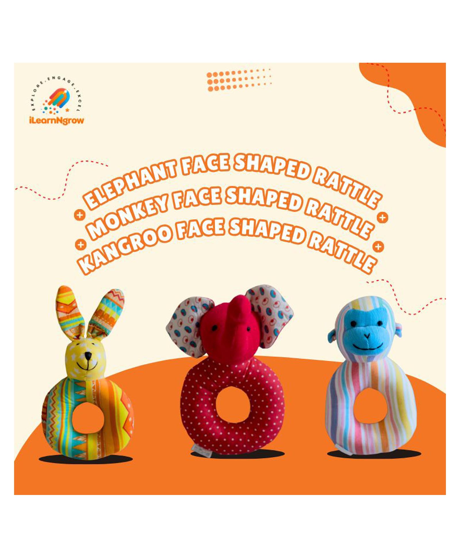 ilearnngrow set of 3 Rattles - Monkey + Elephant + Kangaroo shape Face Rattle-picture-16
