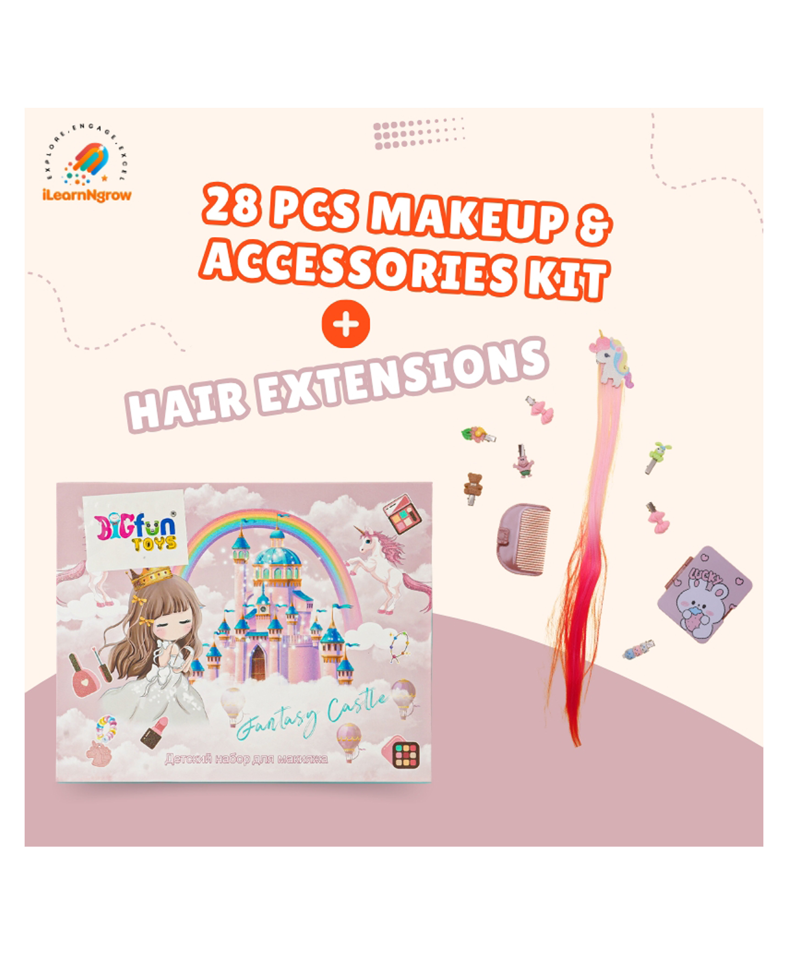 28 Pcs Kids Makeup & Accessories Kit with Hair Extensions Pretend Play Beauty Set-image-20