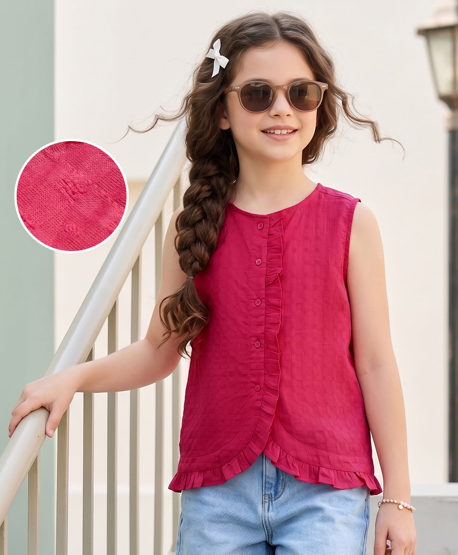 kookie kids india Kookie Kids Cotton Woven Sleeveless Checked Top - Dark Pink-picture-22
