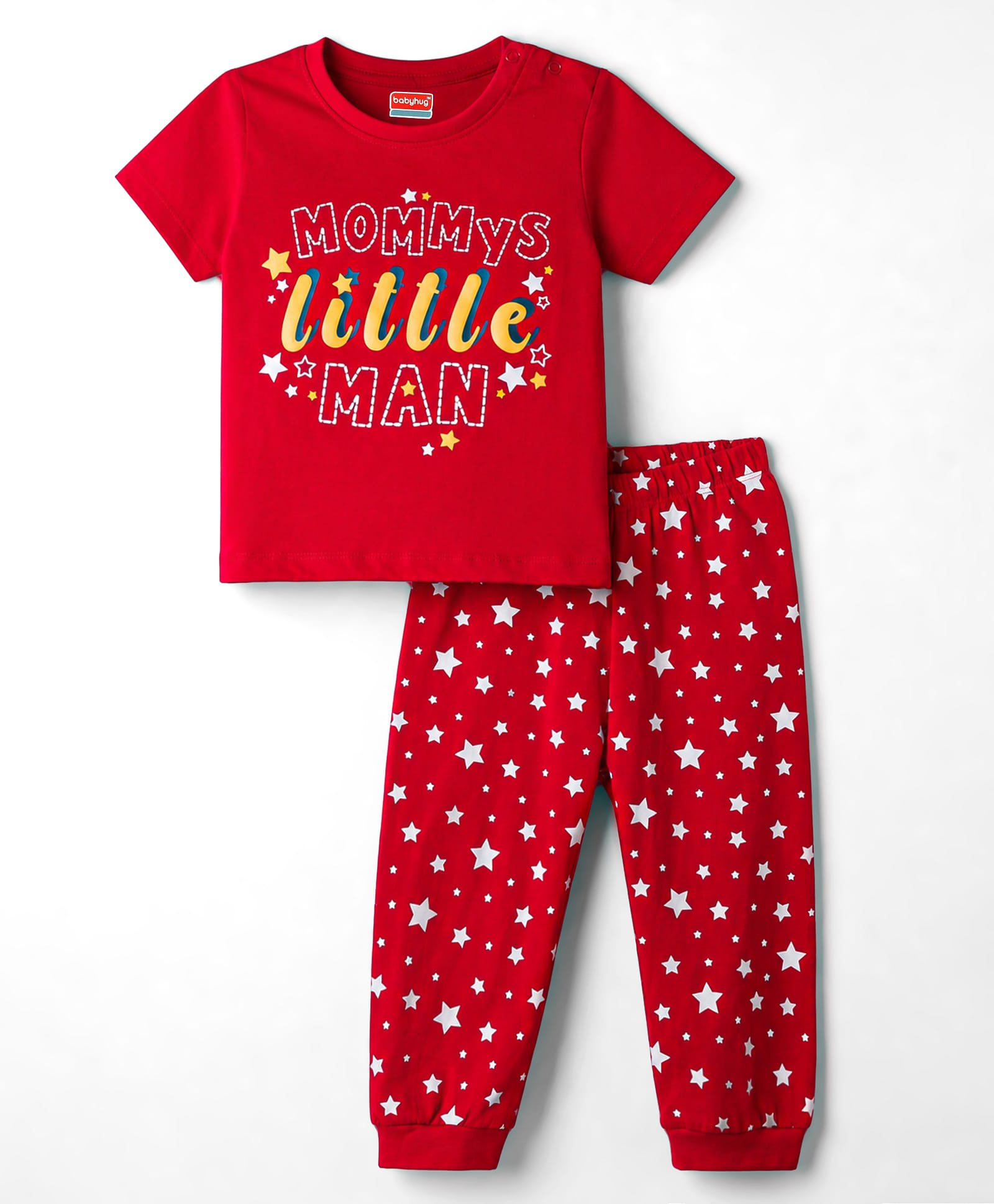 Babyhug Cotton Knit Half Sleeves Star & Text Printed T-Shirt & Pyjama Night Suit - Red-image-23
