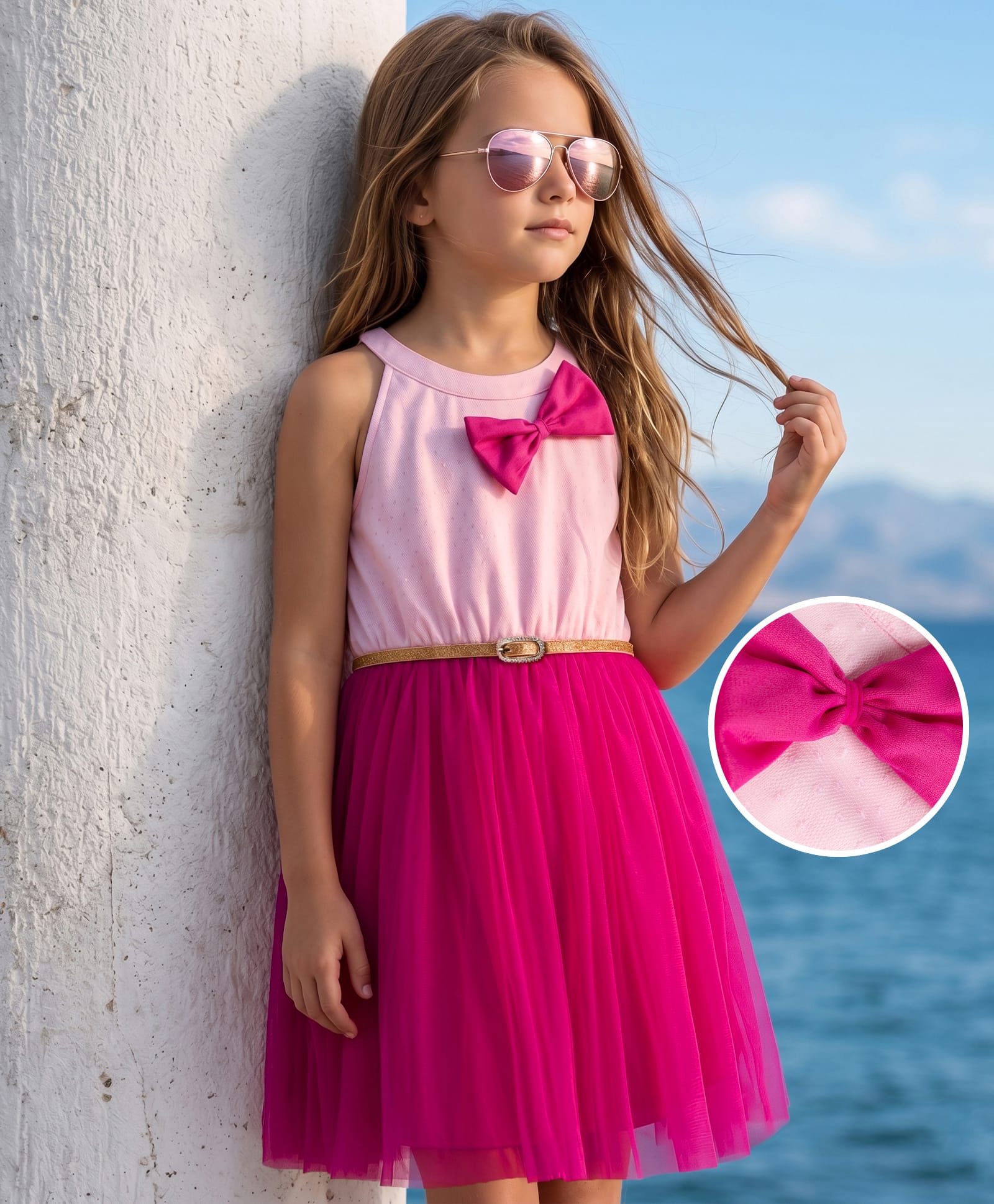 Hola Bonita Cotton Knit Dress Sleeveless Solid Mesh Fabric with Belt Pink 6-7 Years-image-18